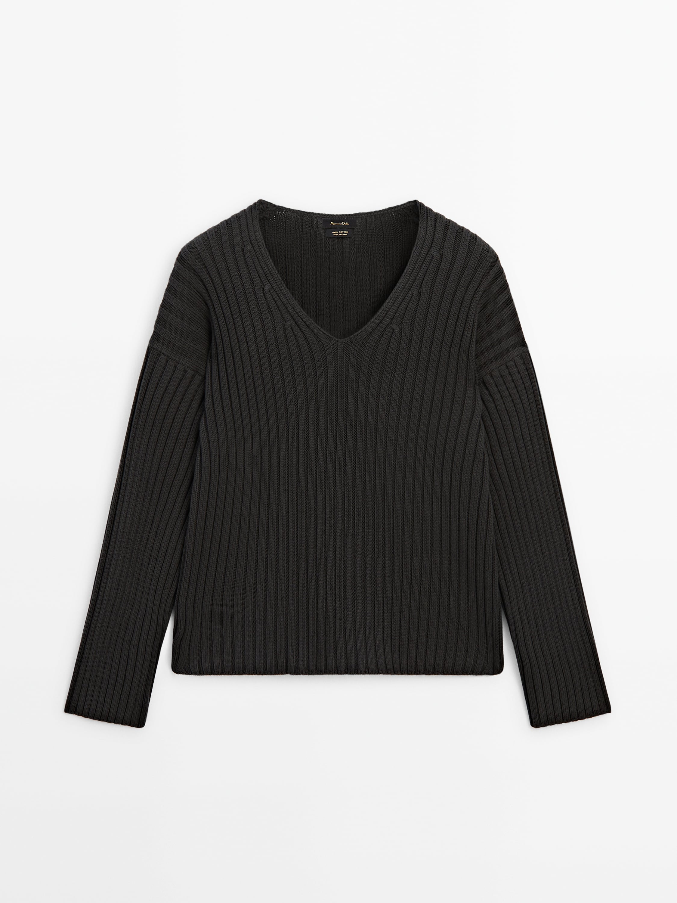 Ribbed knit cotton V-neck sweater