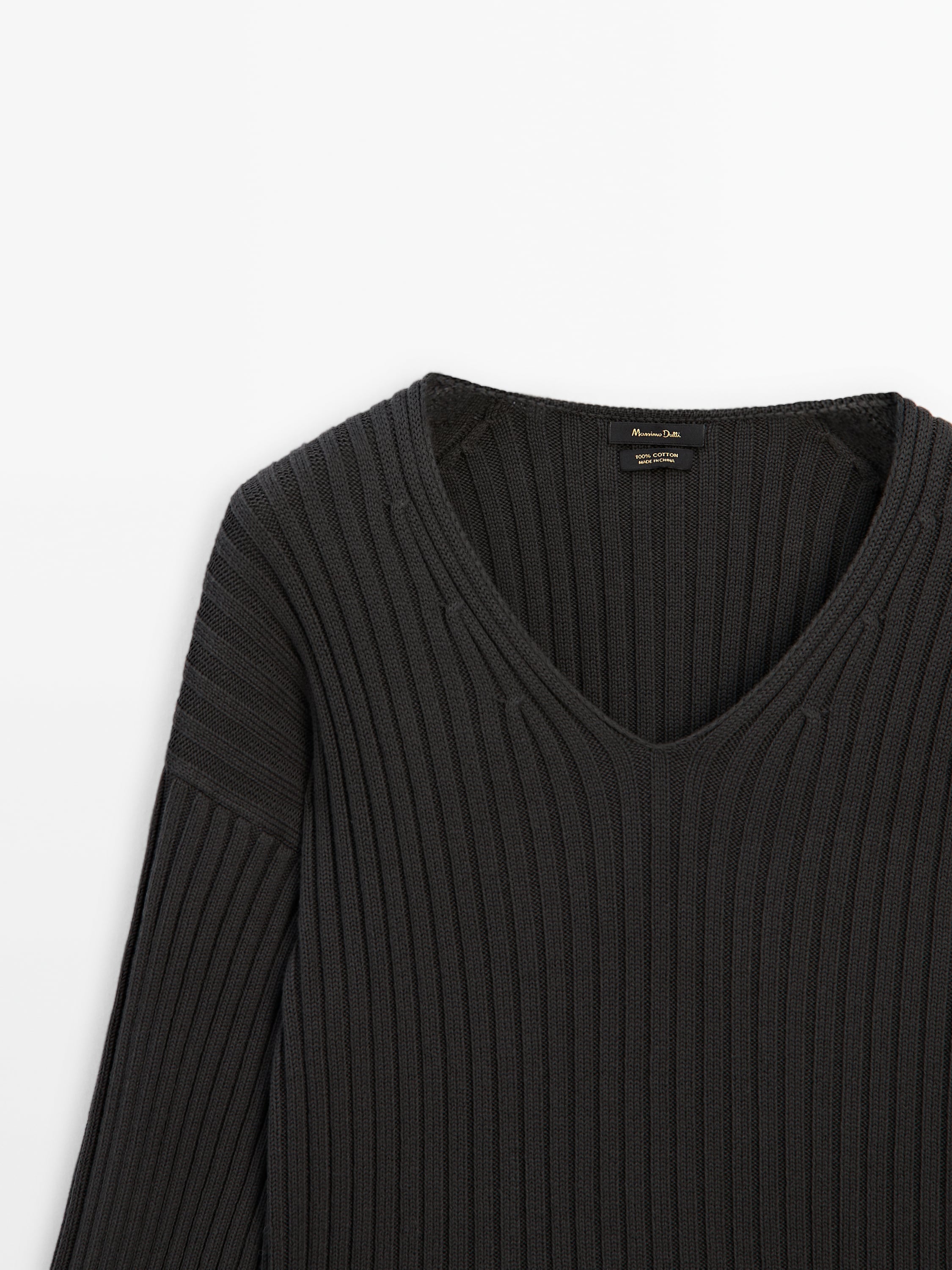 Ribbed knit cotton V-neck sweater