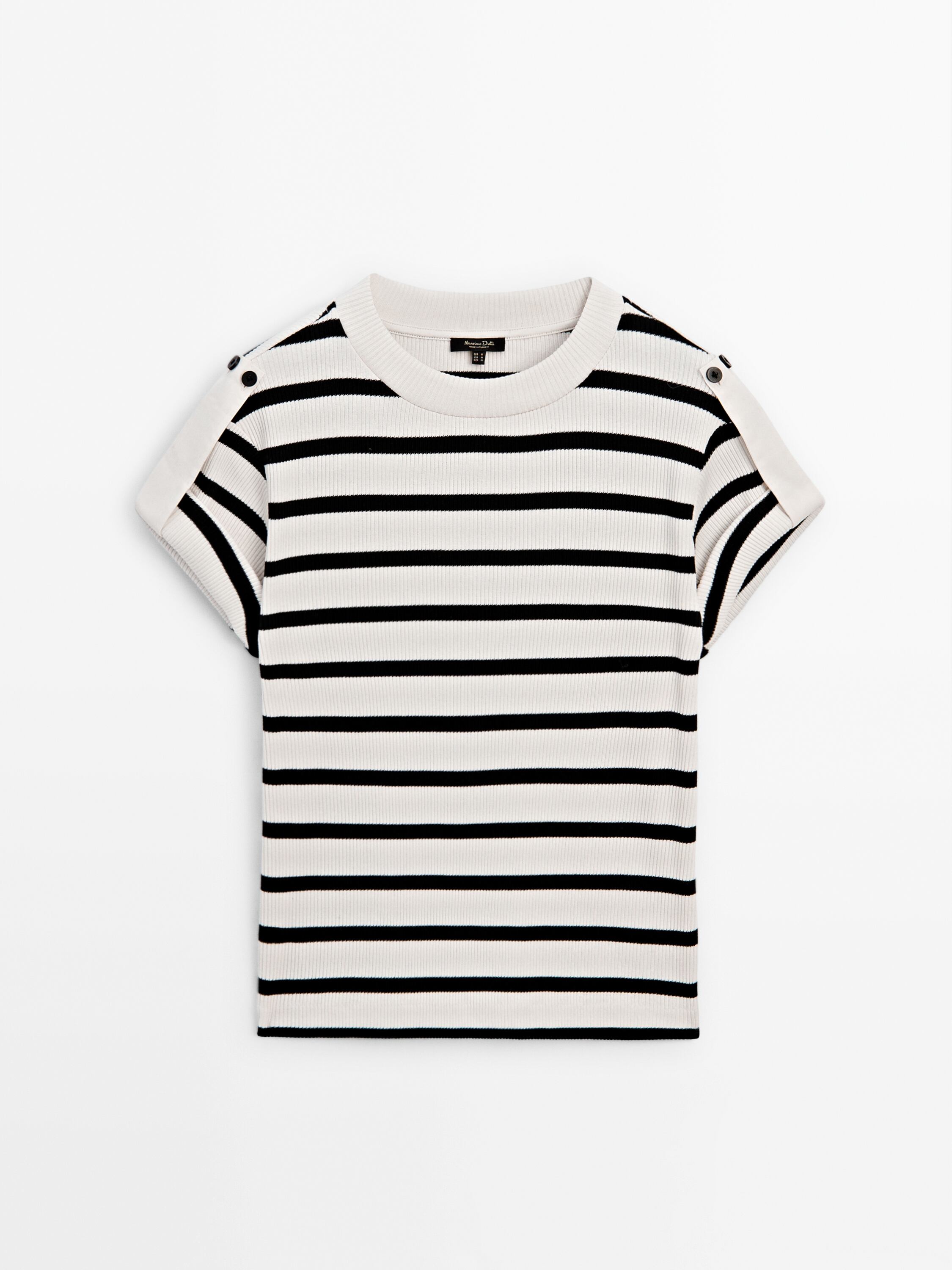 Striped ribbed T-shirt with buttoned shoulder detail