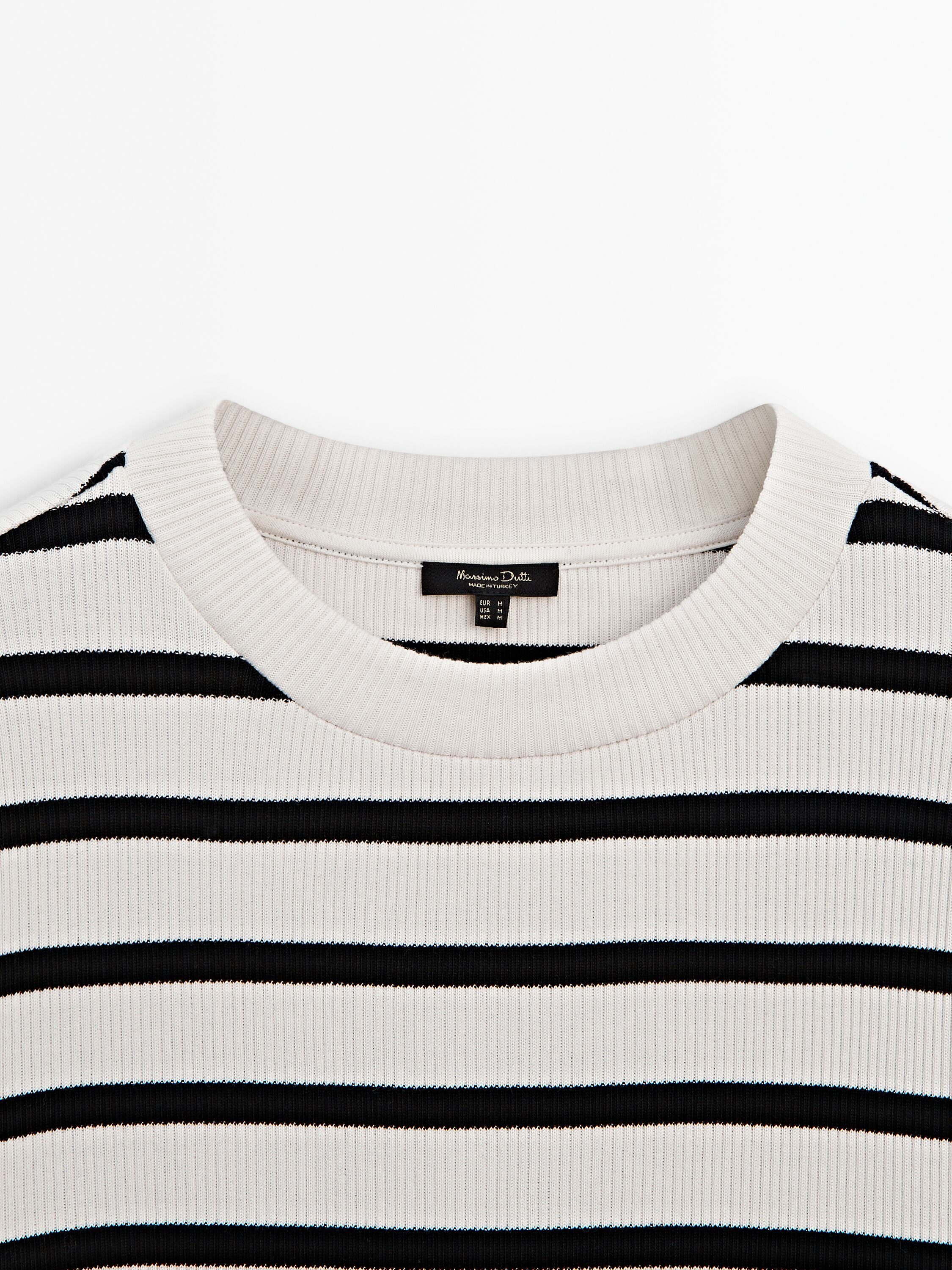 Striped ribbed T-shirt with buttoned shoulder detail