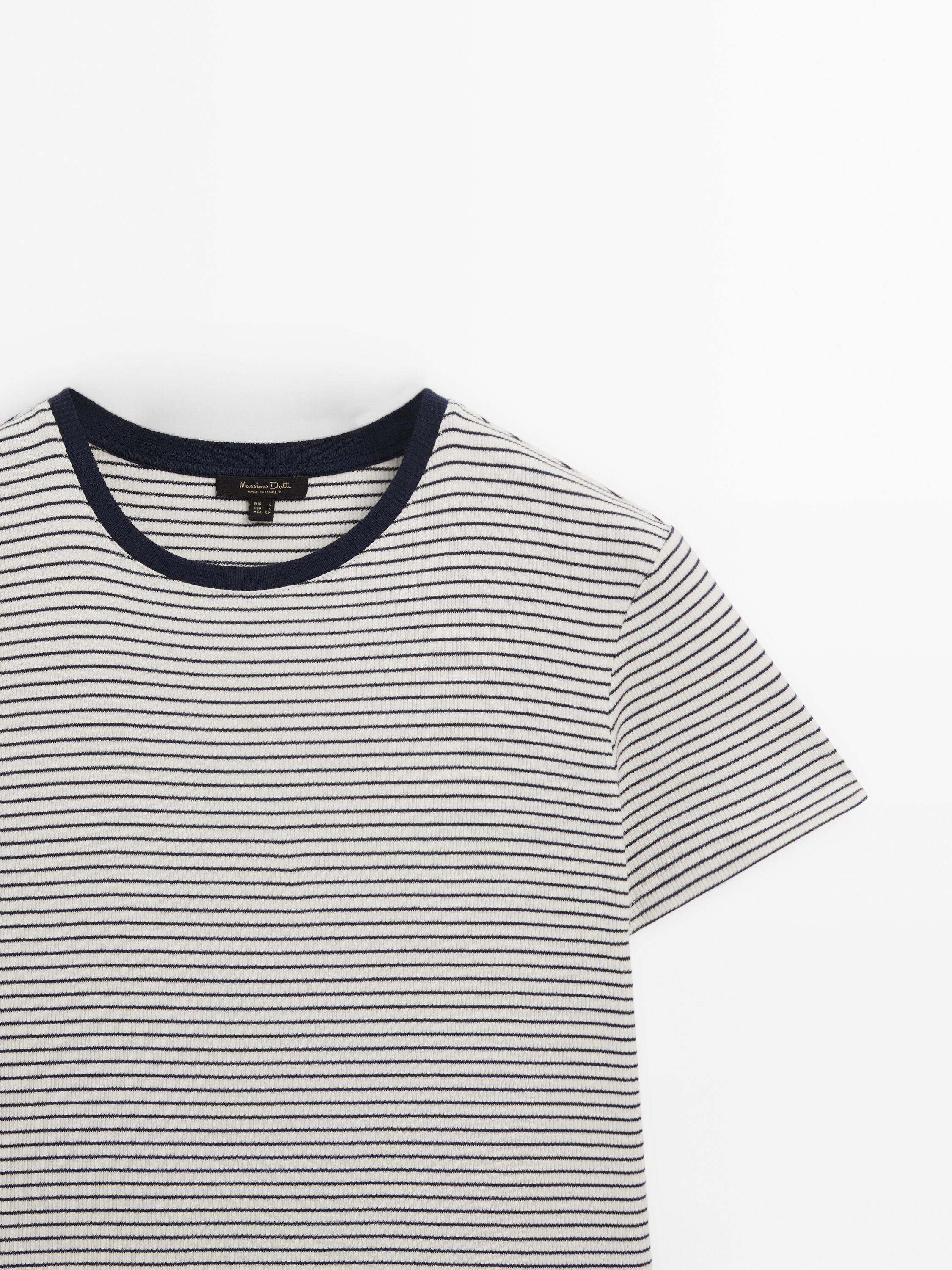 Striped cotton T-shirt with contrast neckline