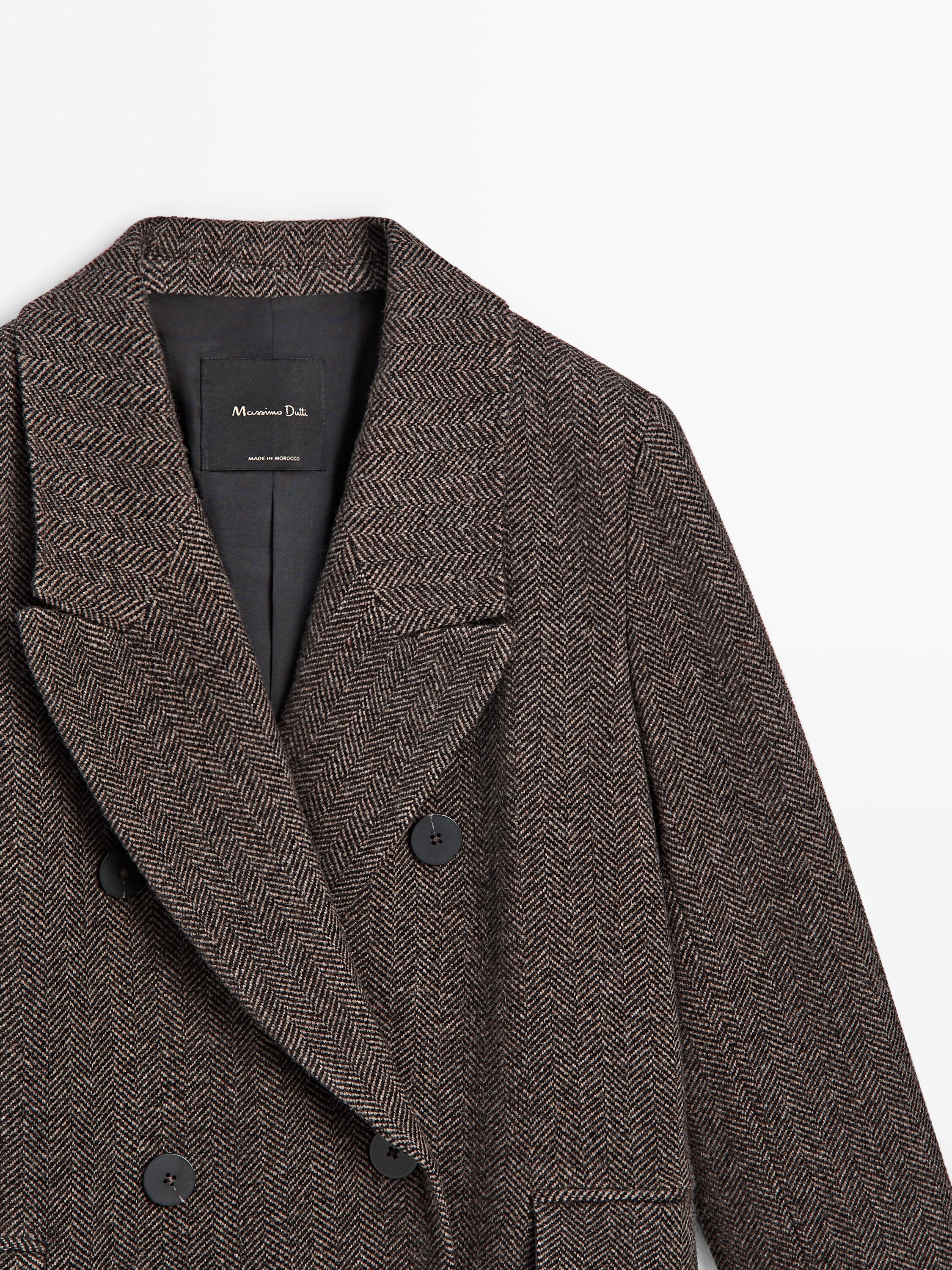 Long double-breasted wool blend herringbone coat