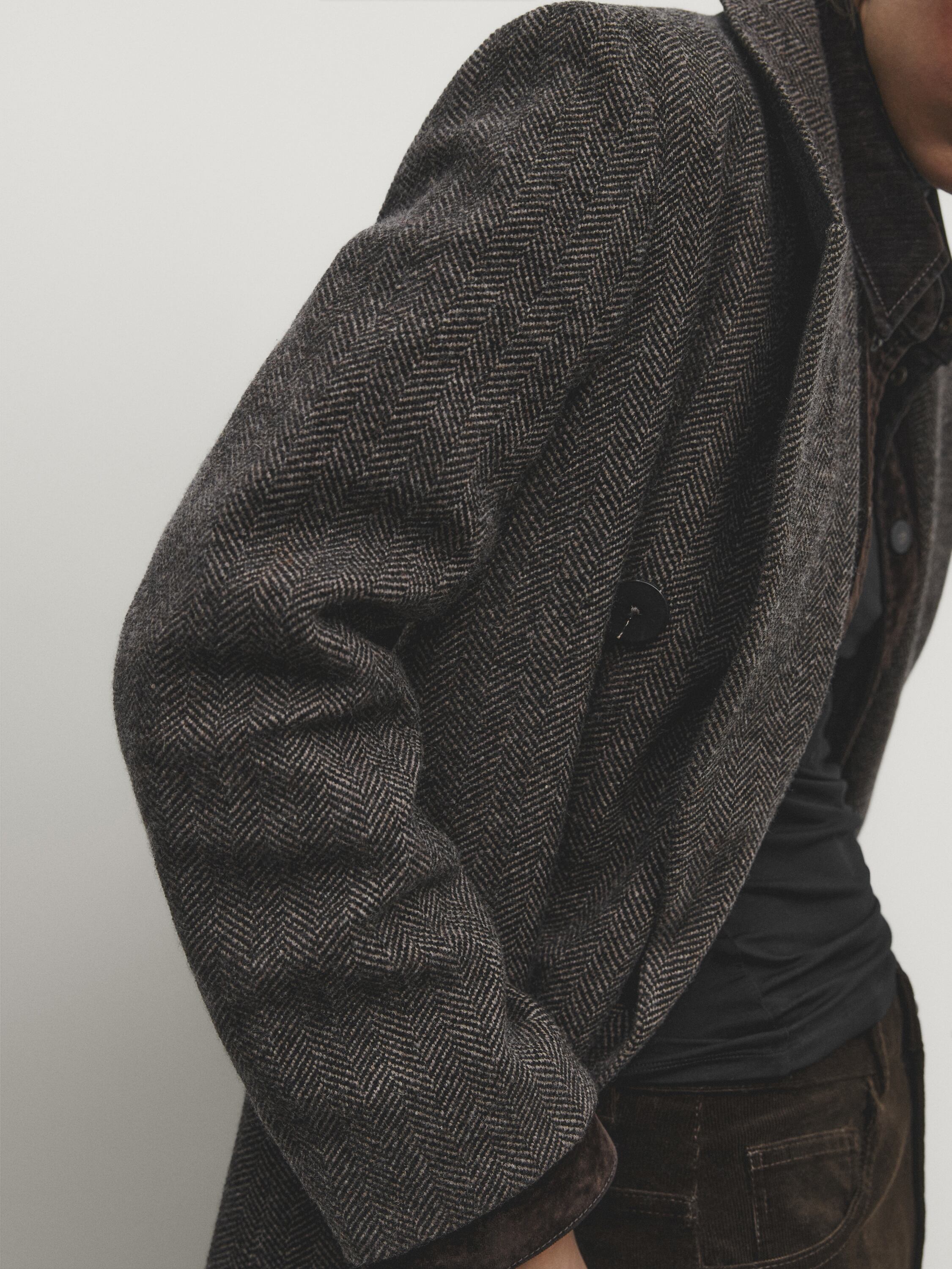 Long double-breasted wool blend herringbone coat
