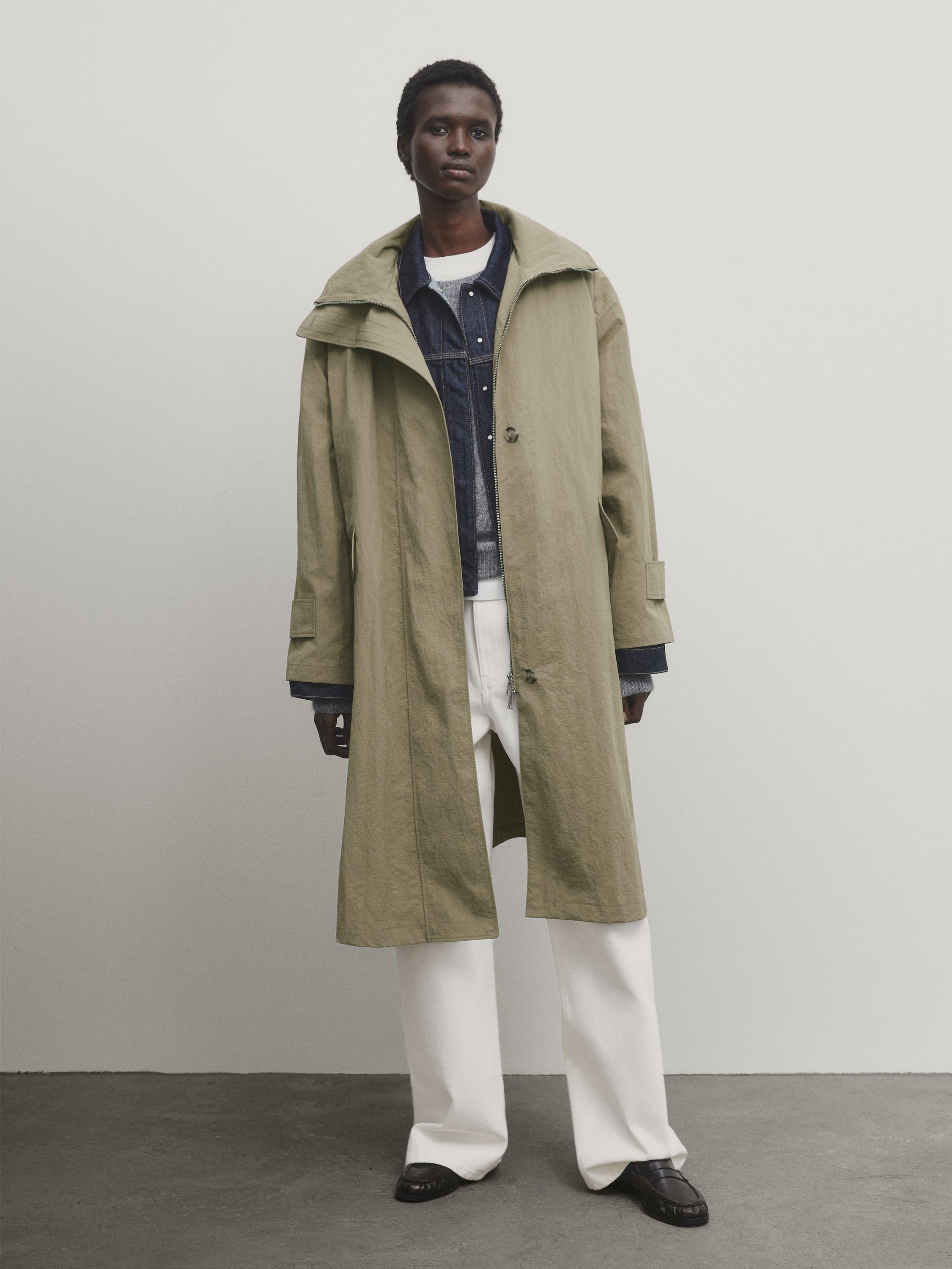 Long high neck parka with hood and belt