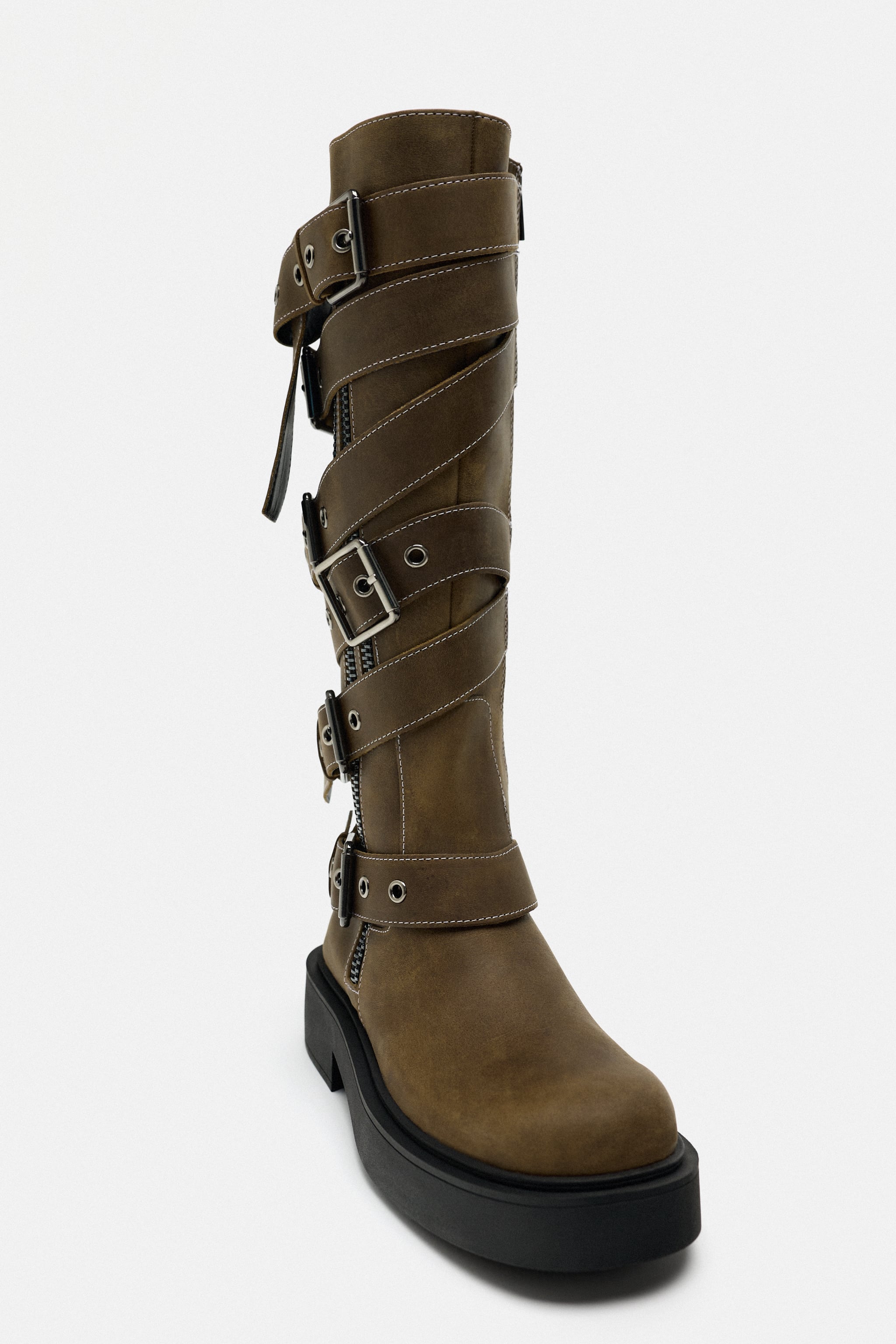 BUCKLED LEATHER KNEE HIGH BOOTS