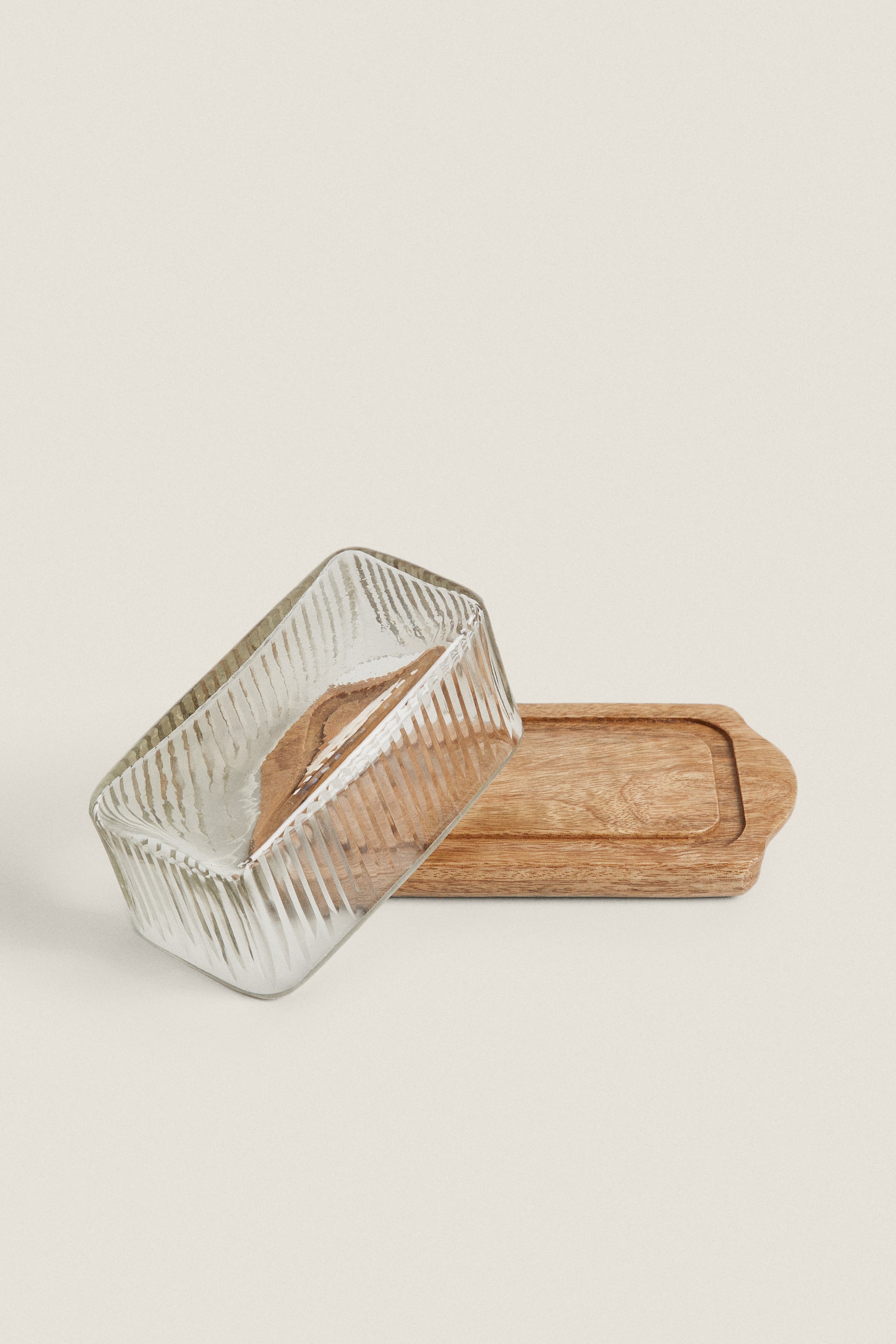 WOOD AND GLASS BUTTER DISH