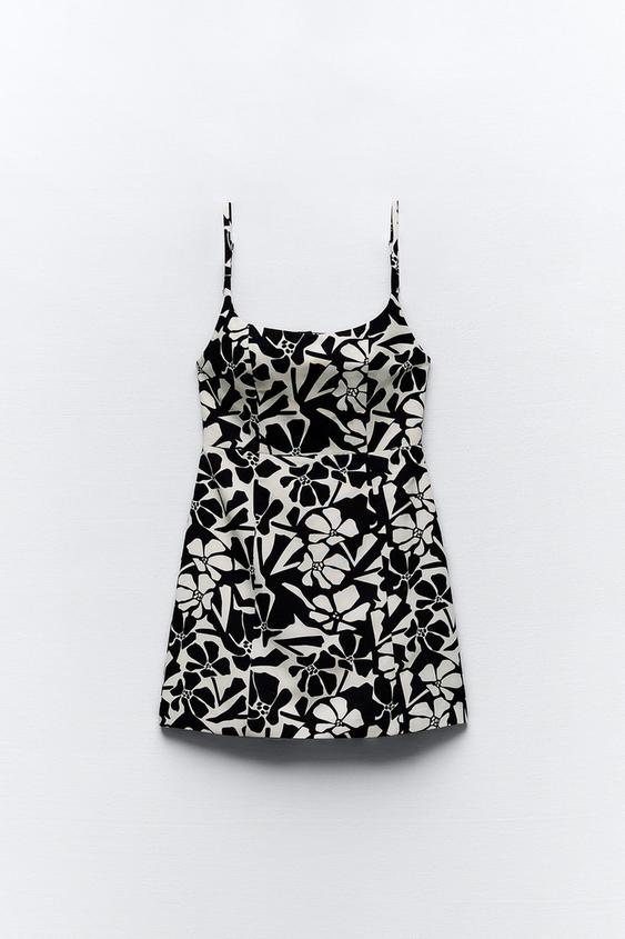 SHORT PRINTED DRESS Black / Ecru ZARA New Zealand