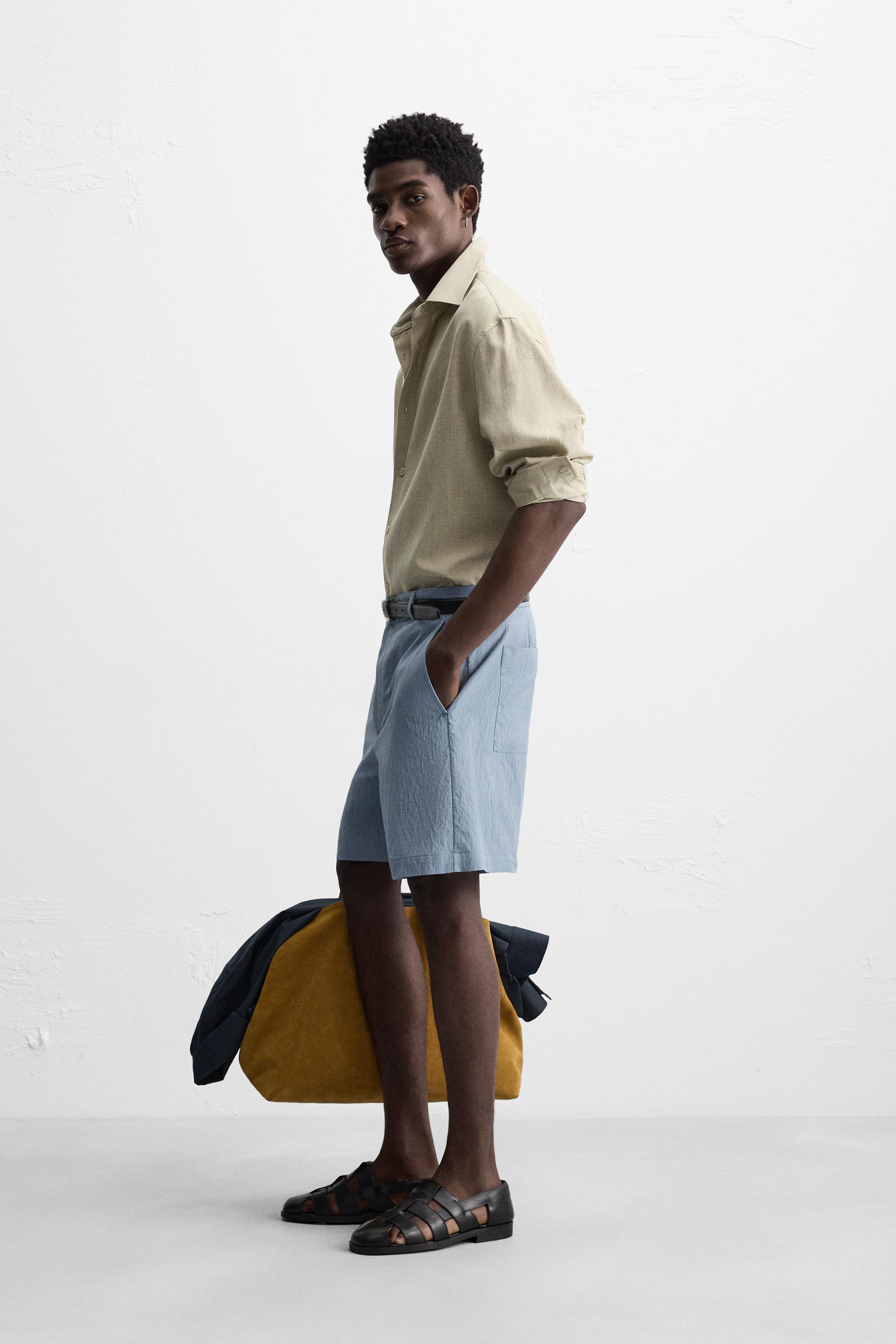 STRIPED CRINKLED EFFECT BERMUDA SHORTS