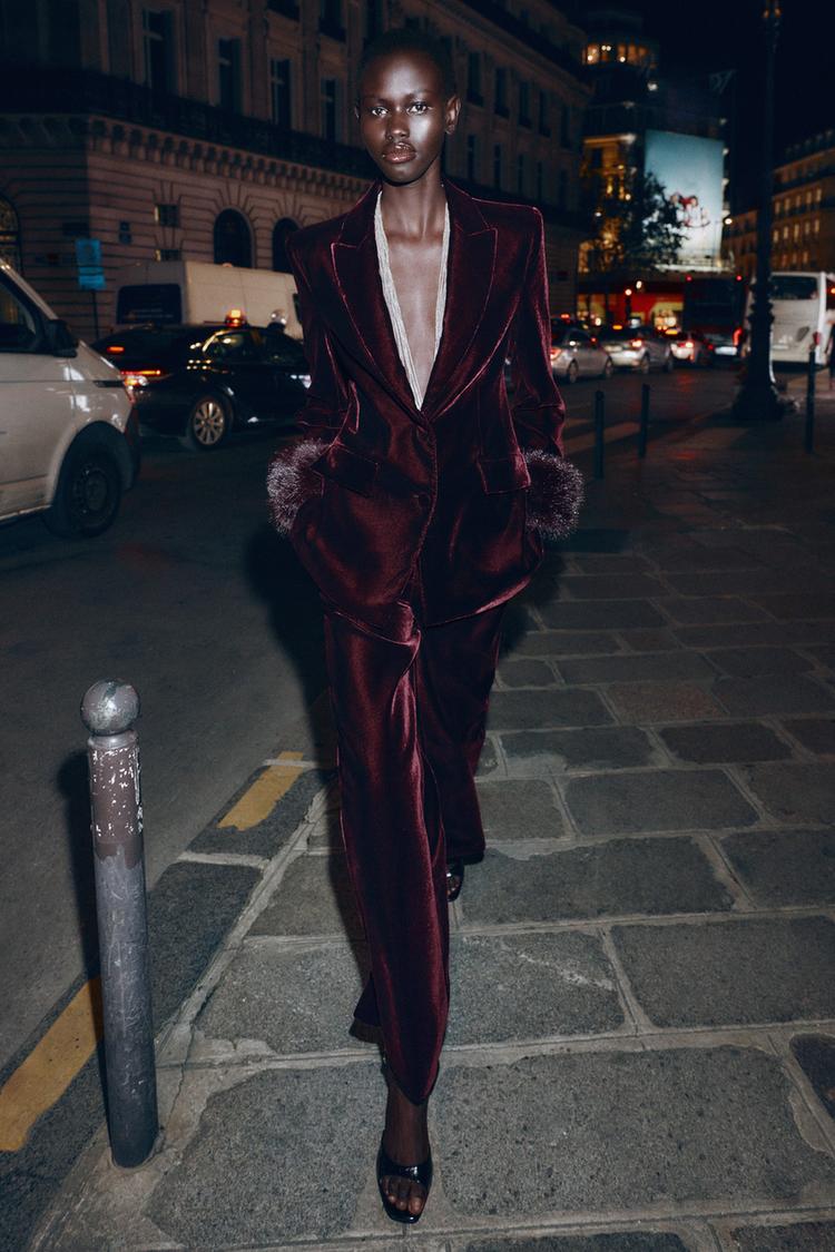 VELVET BLAZER WITH FAUX FUR CUFFS