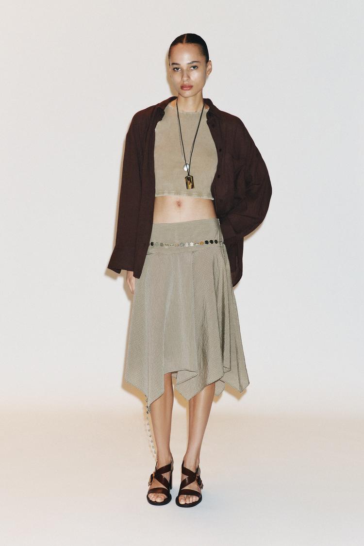 STRIPED ASYMMETRIC BELTED MIDI SKIRT - Zara product image