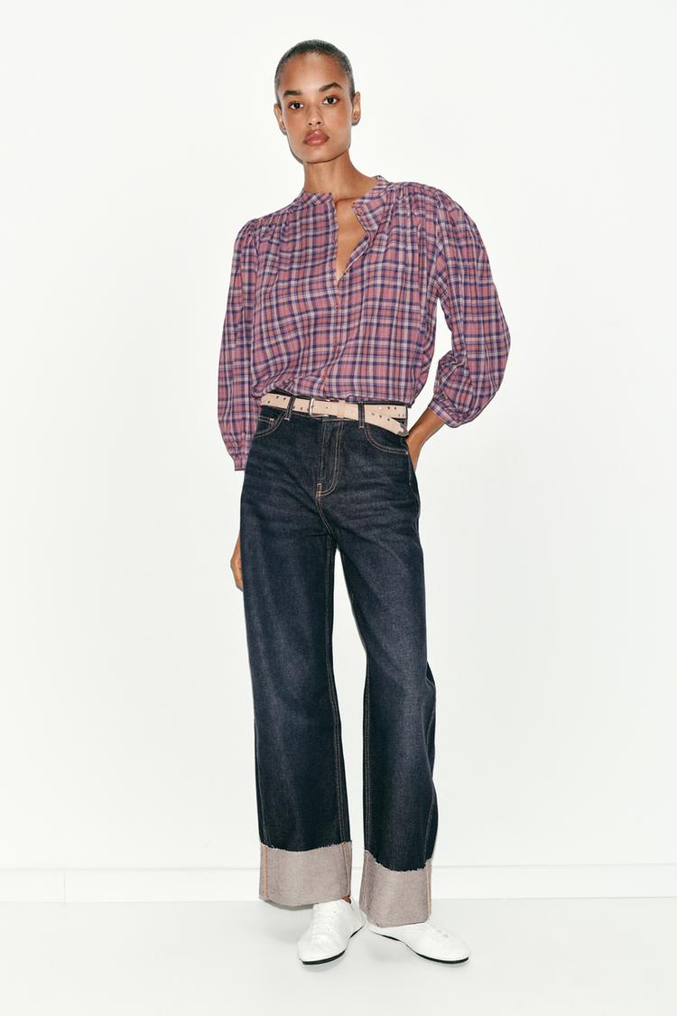 PLAID ROUND NECK BLOUSE - Zara product image