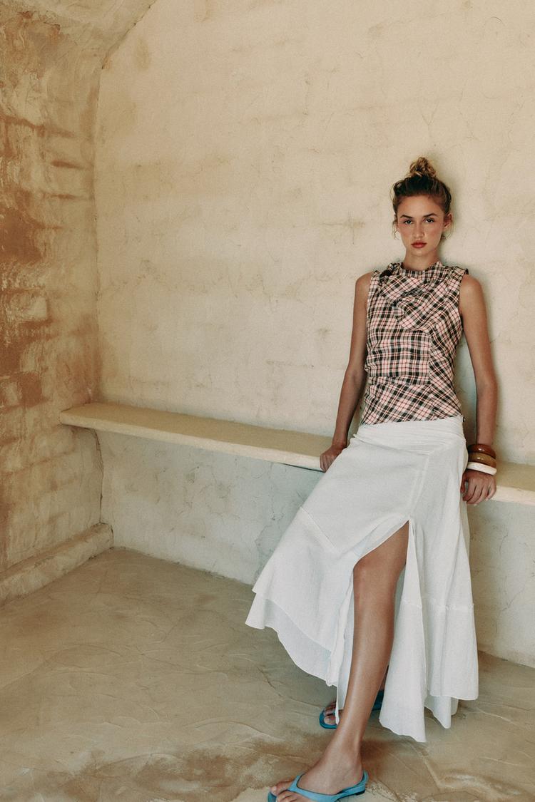 100% LINEN PLAID TOP - Zara product image
