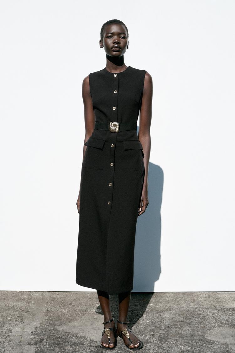 BELTED CREPE MIDI DRESS