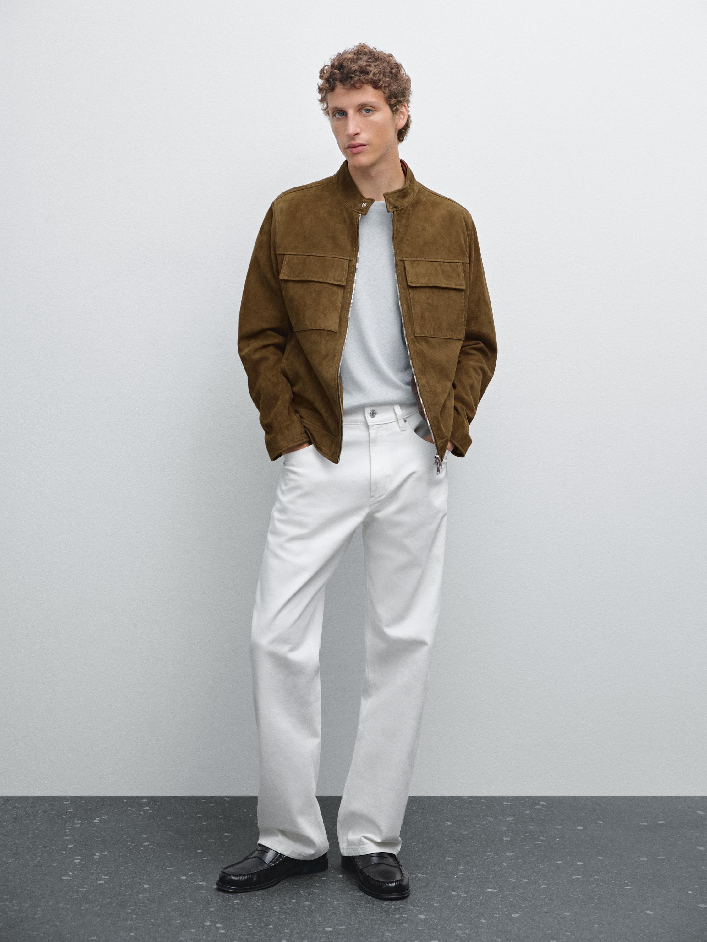 Blouson motard en cuir type daim avec poches