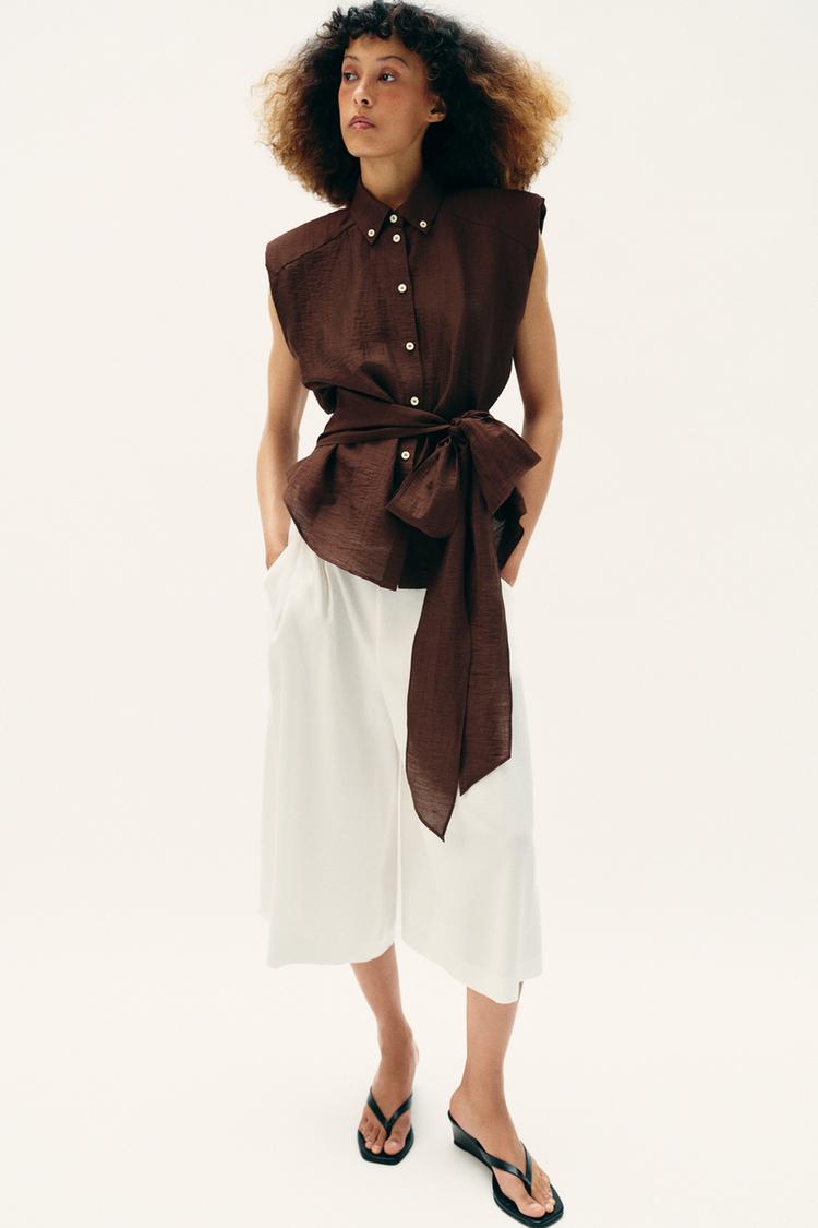 LINEN BELTED SHOULDER PAD TOP - Zara product image