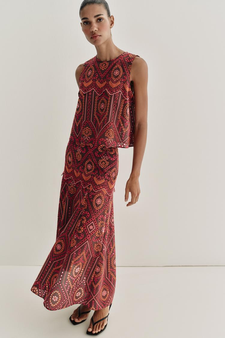 EMBROIDERED EYELET MIDI SKIRT - Zara product image
