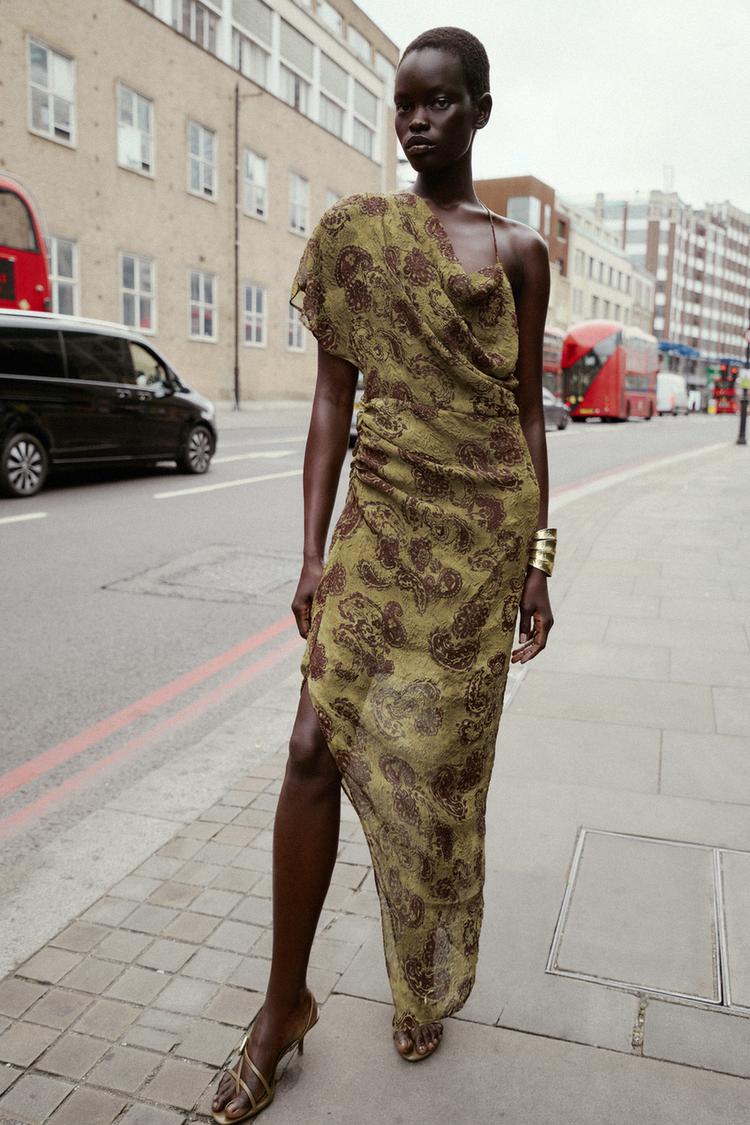 ASYMMETRIC PRINTED MIDI DRESS
