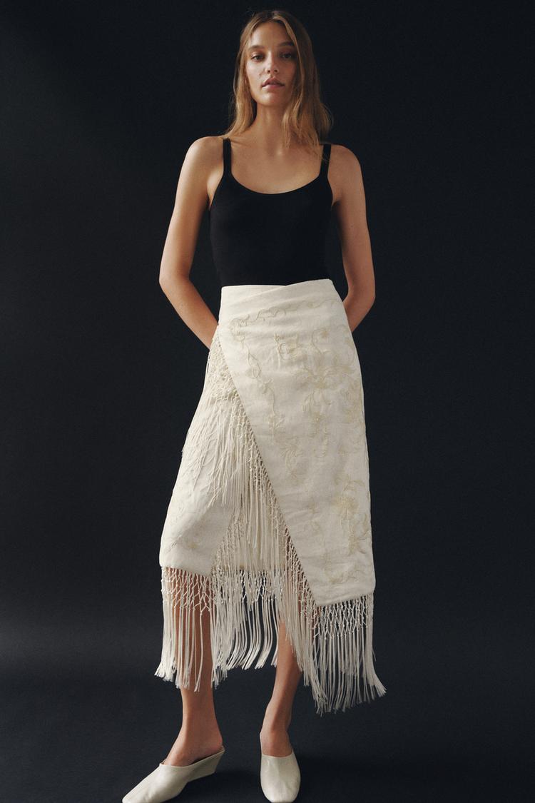 ZW COLLECTION 100% LINEN EMBROIDERED MIDI SKIRT - Zara product image