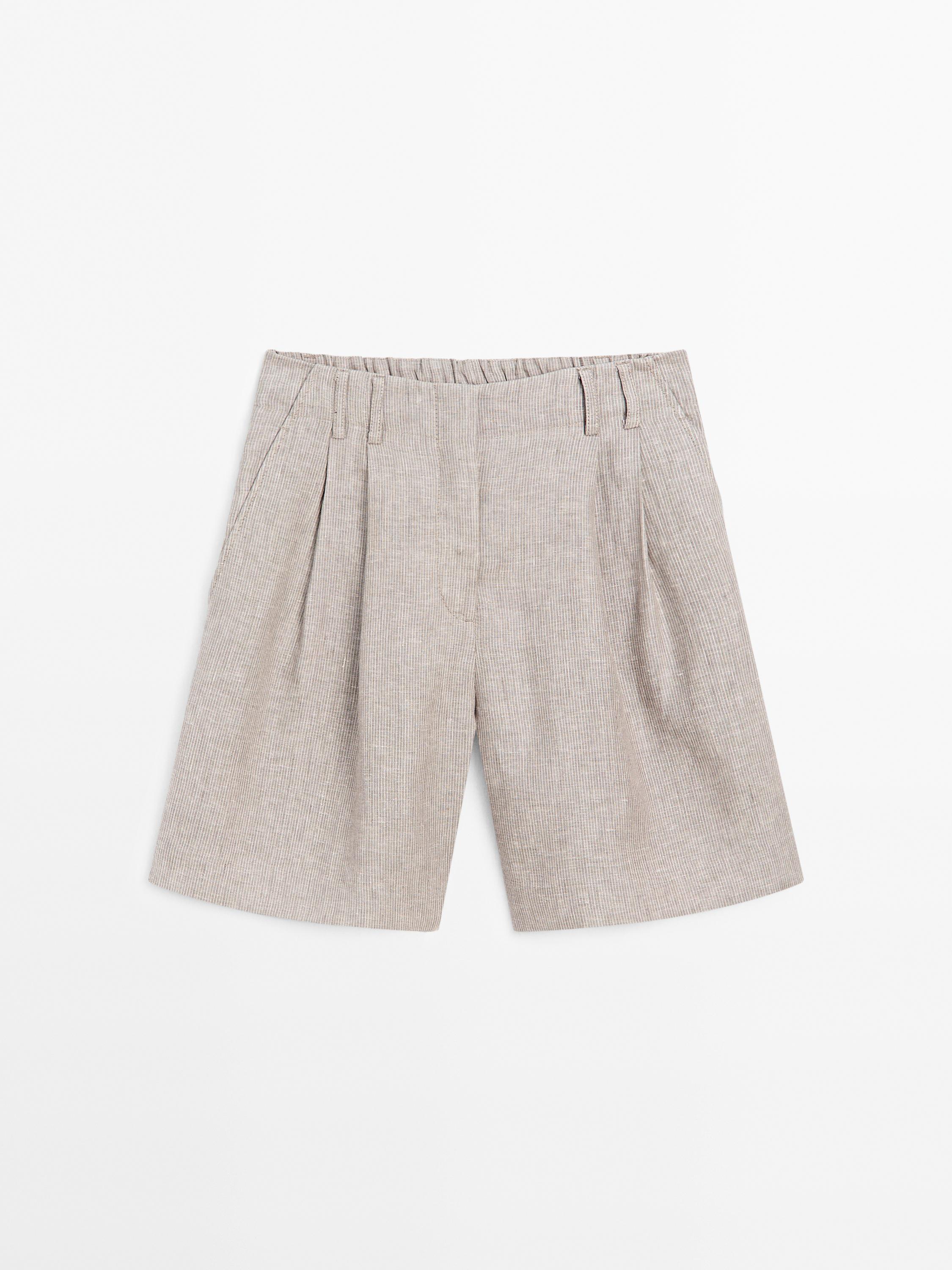 Pinstriped 100% linen Bermuda shorts