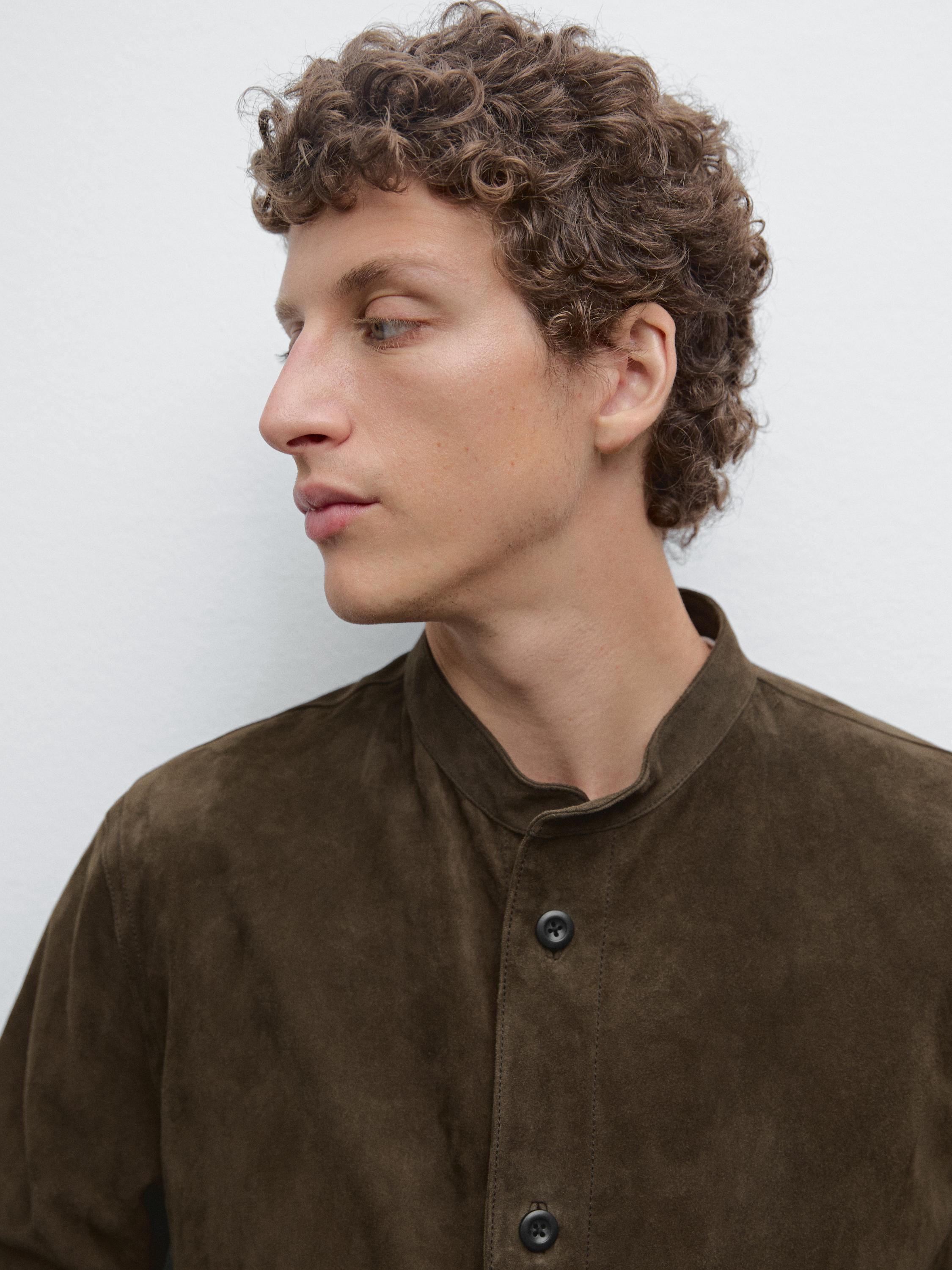 Suede leather stand collar shirt