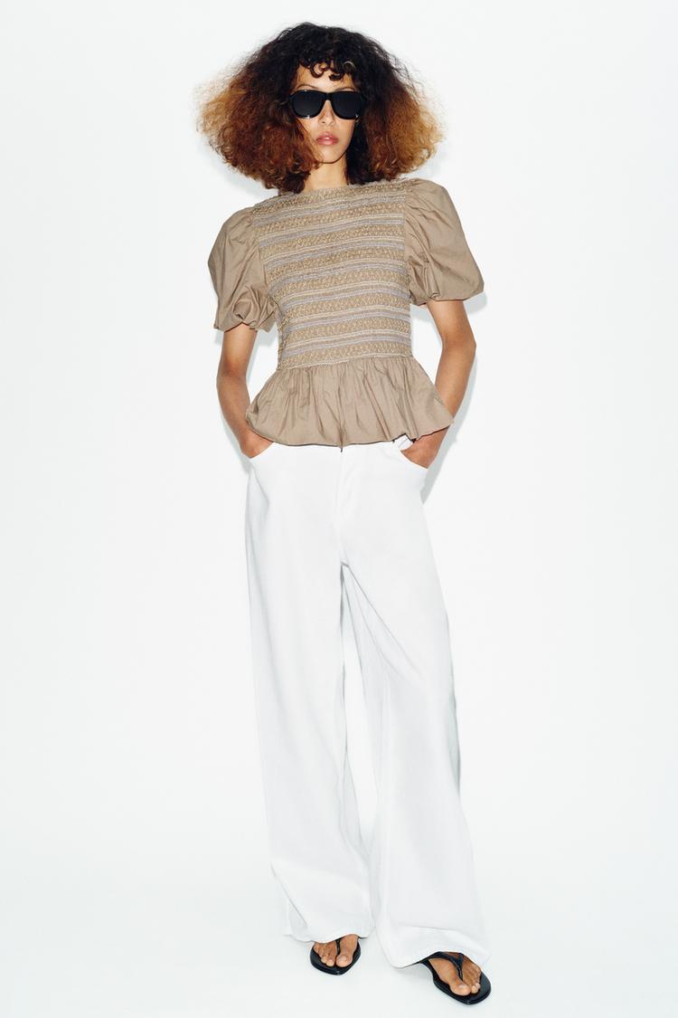 EMBROIDERED SMOCKED BALLOON TOP - Zara product image