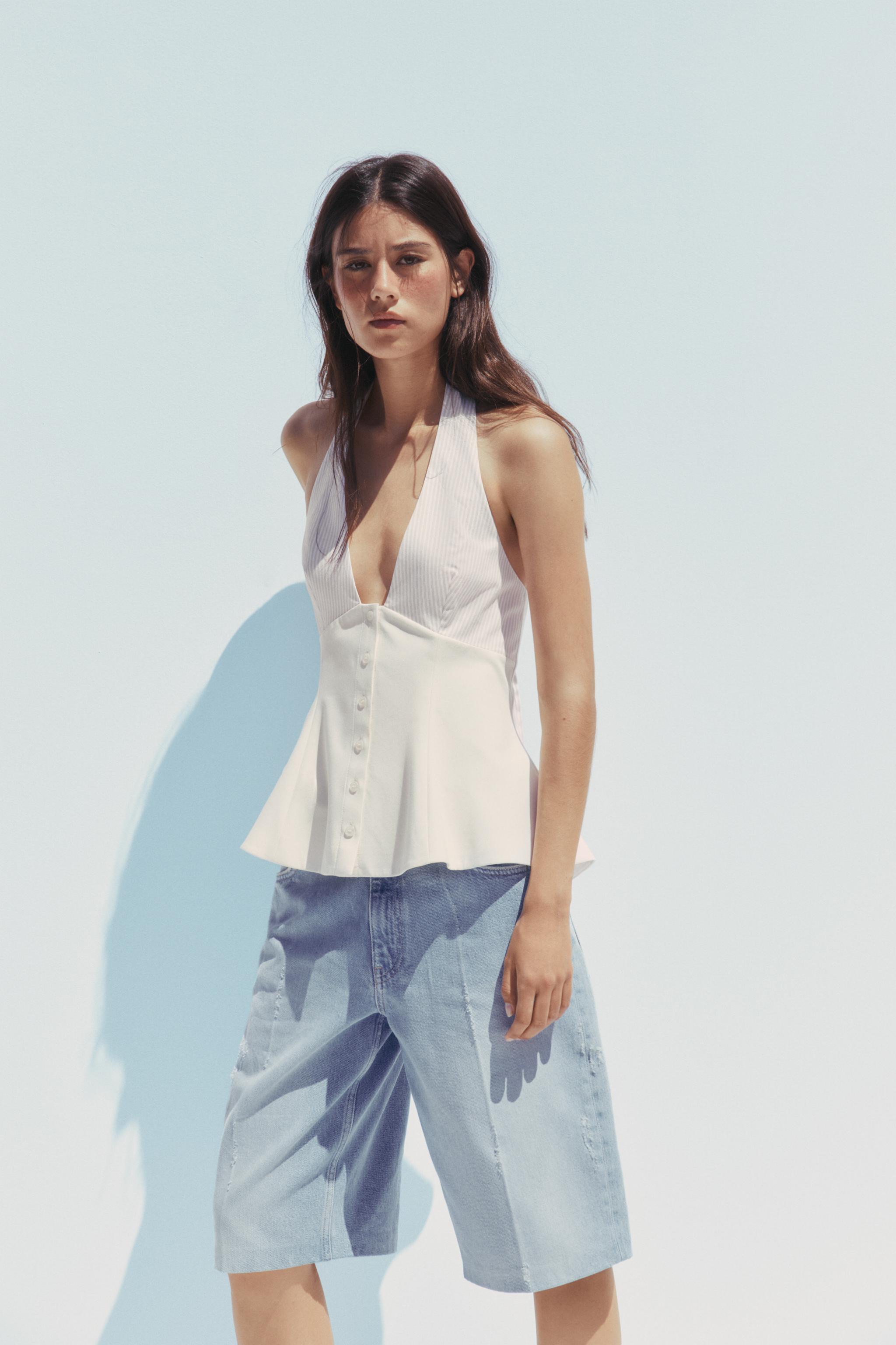 TOP HALTER EN MATIÈRES VARIÉES RAYURES
