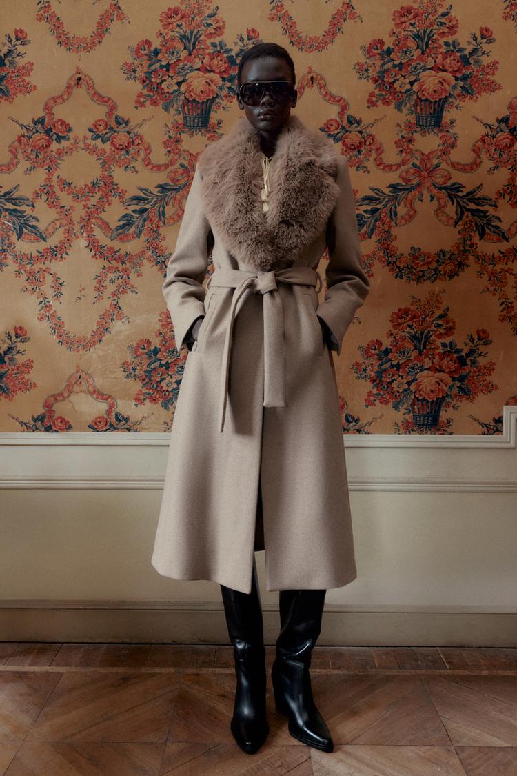 WOOL COAT WITH FAUX FUR LAPEL AND BELT - Zara product image