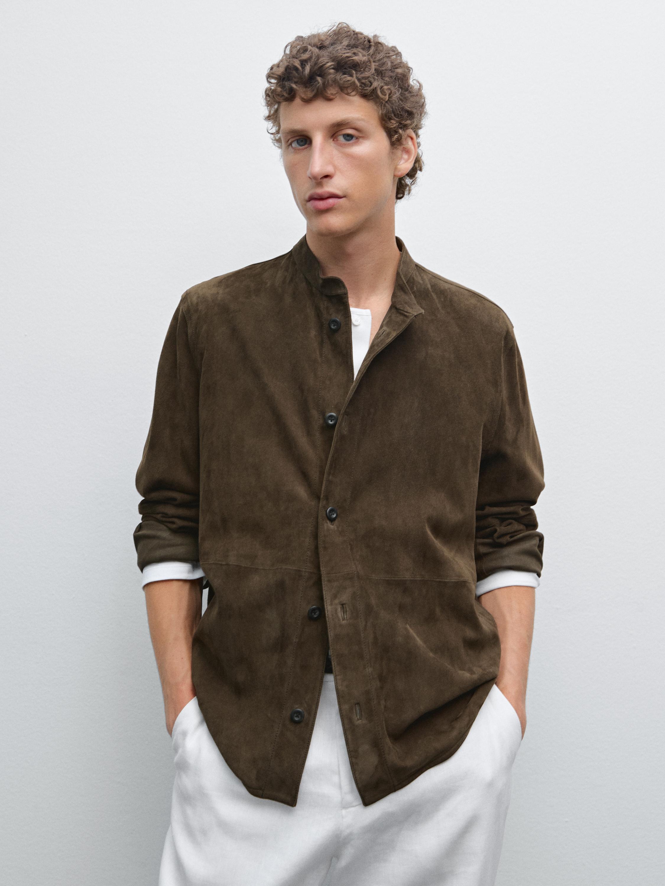 Suede leather stand collar shirt