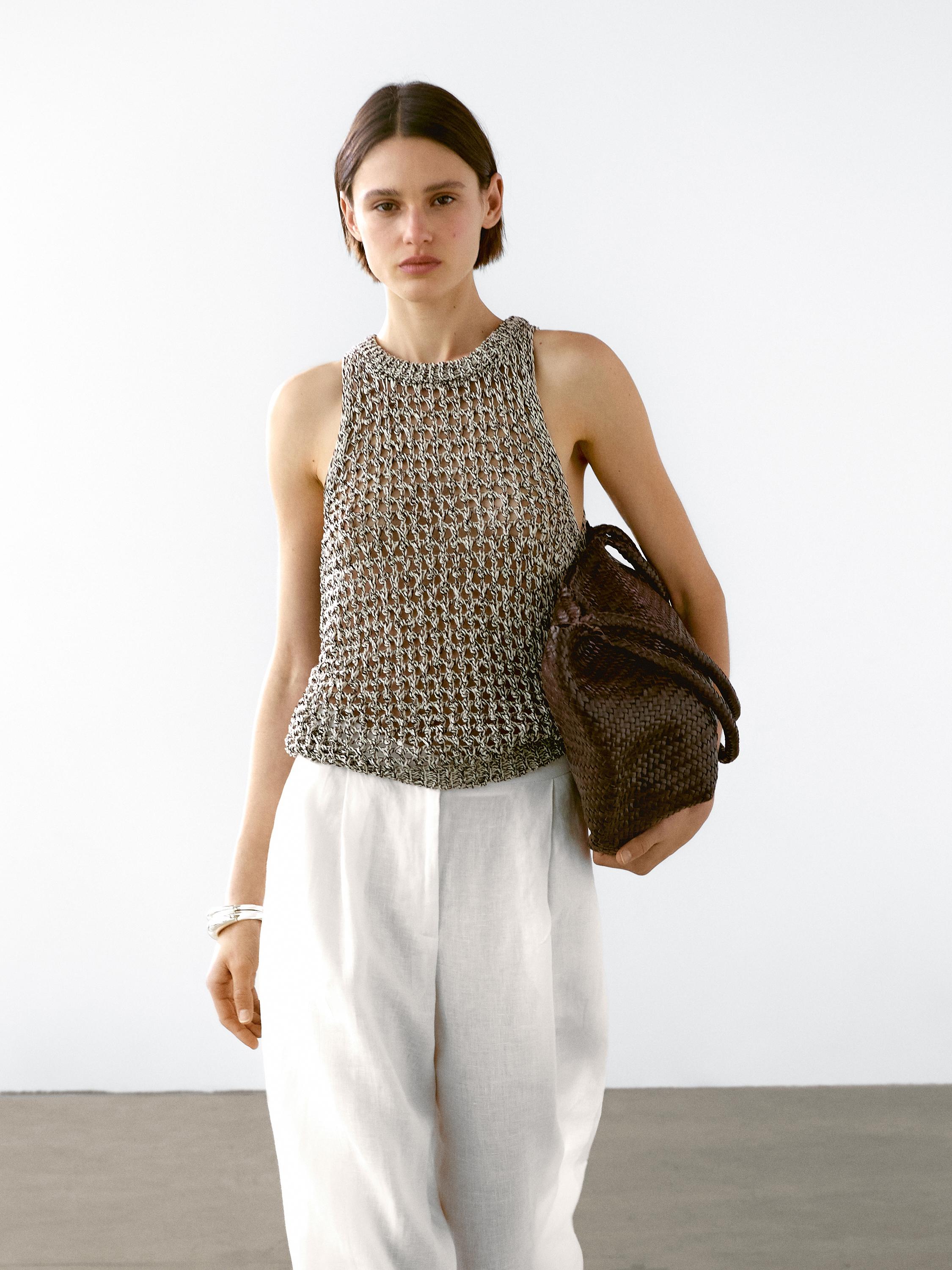 Openwork cotton blend halter top