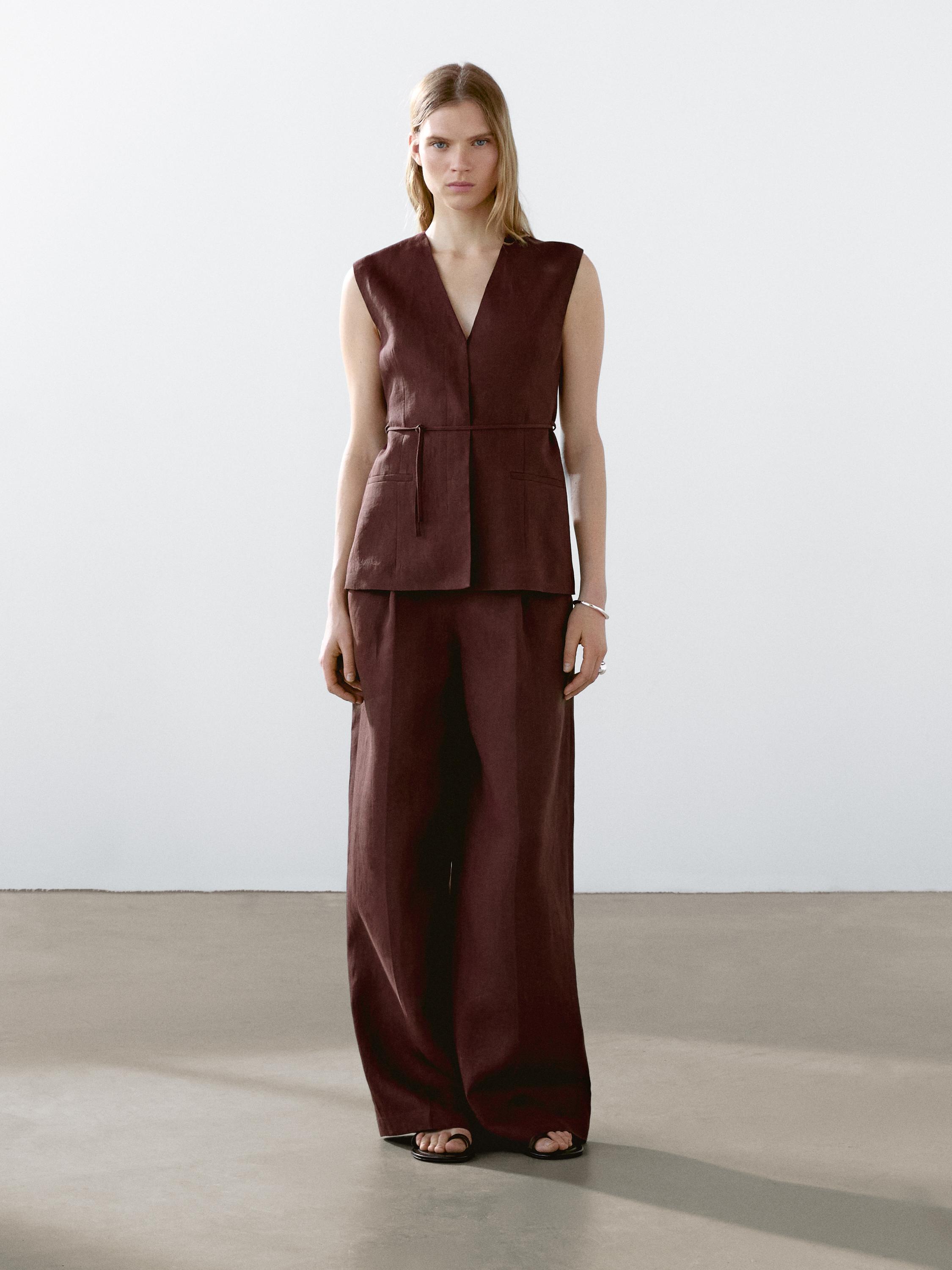 Long 100% linen waistcoat with ribbons