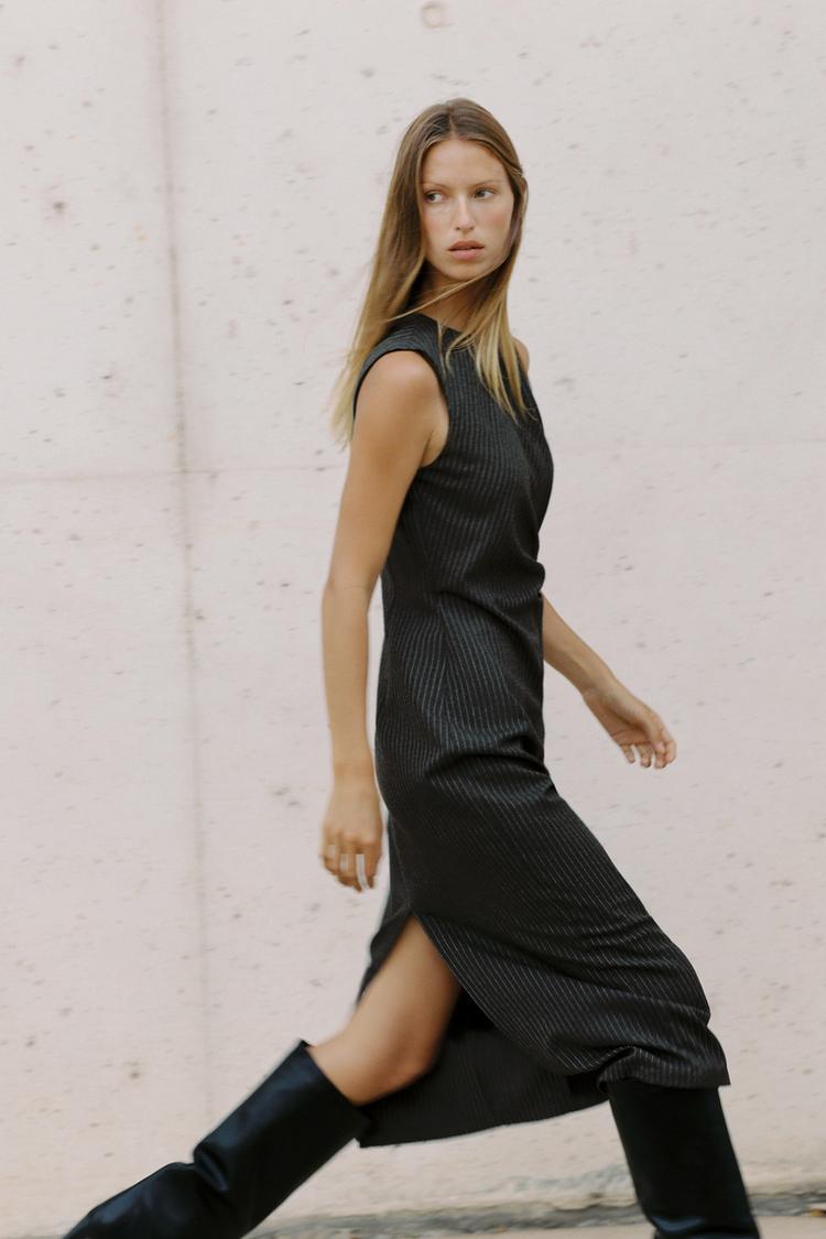 STRIPED BUCKLE MIDI DRESS