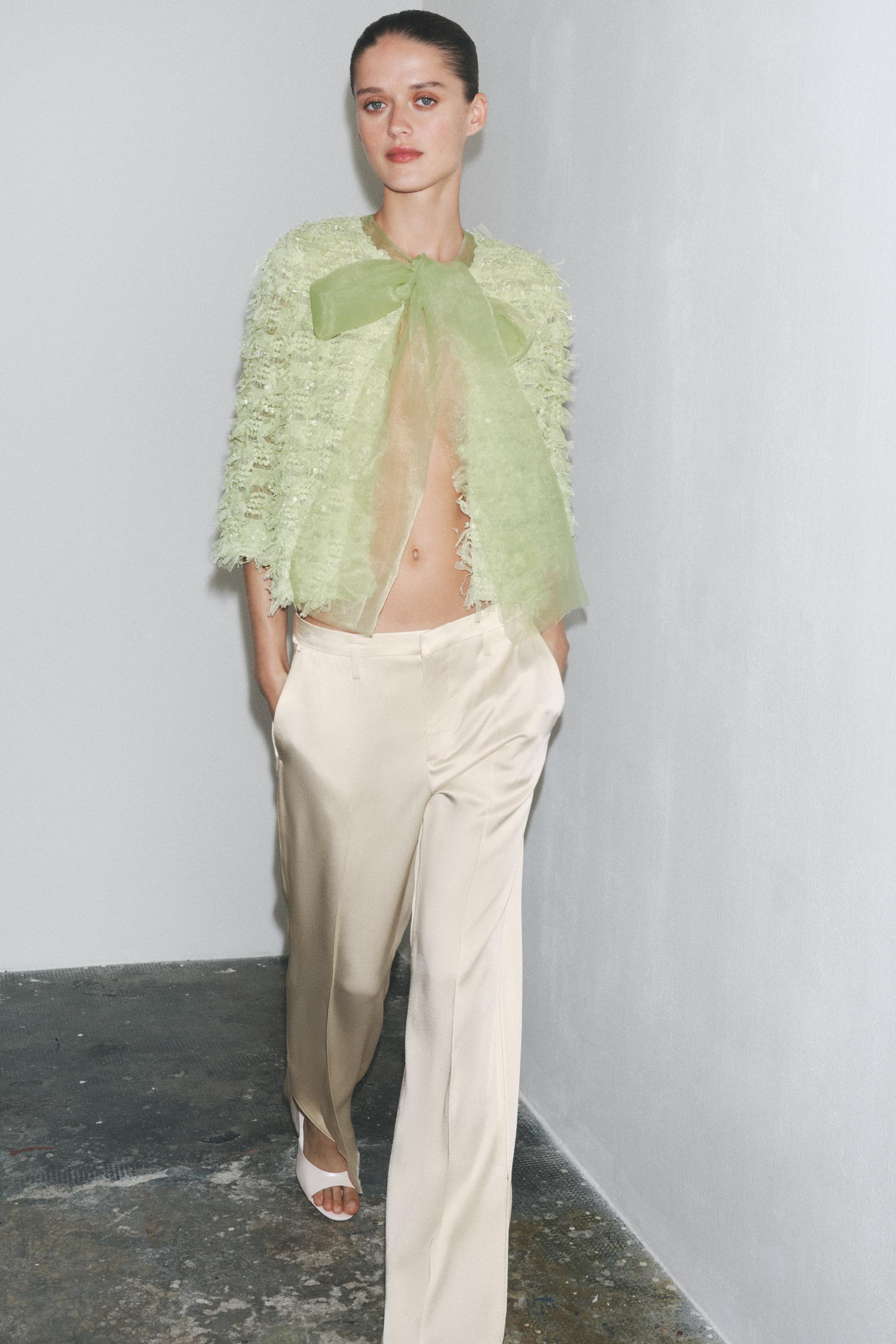 FRINGED ORGANZA TIE CARDIGAN