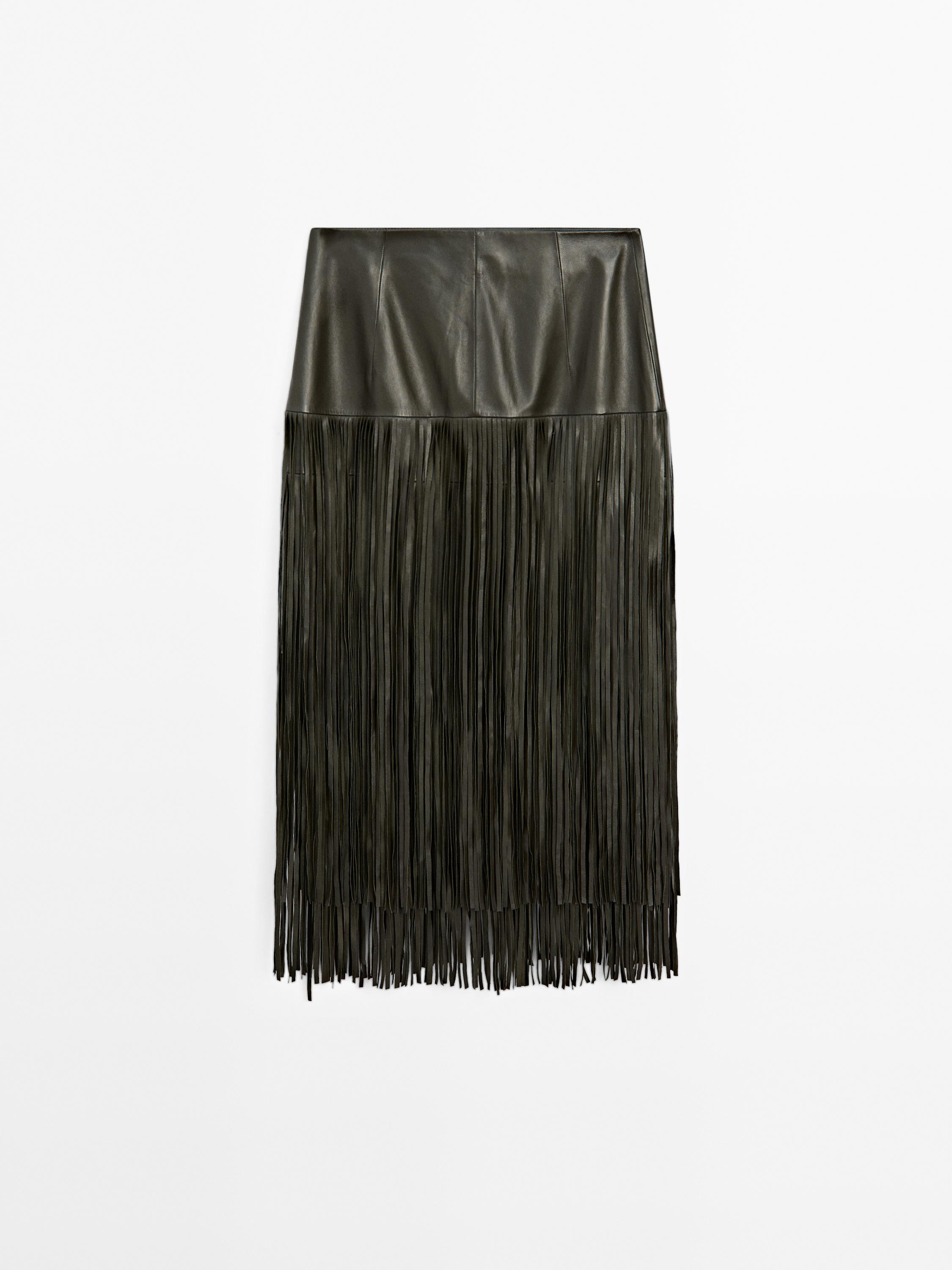 Jupe midi à franges en cuir nappa - Studio