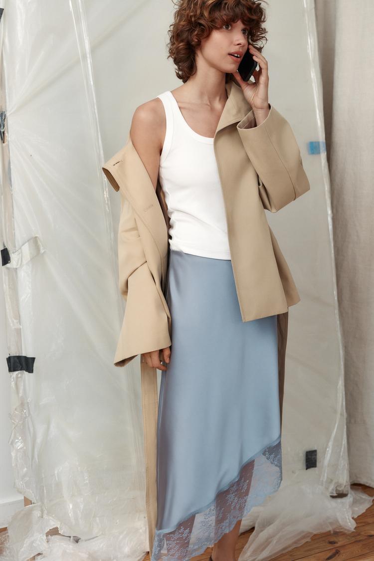 SATIN EFFECT MIDI SKIRT WITH ASYMMETRIC HEM AND LACE - Zara product image