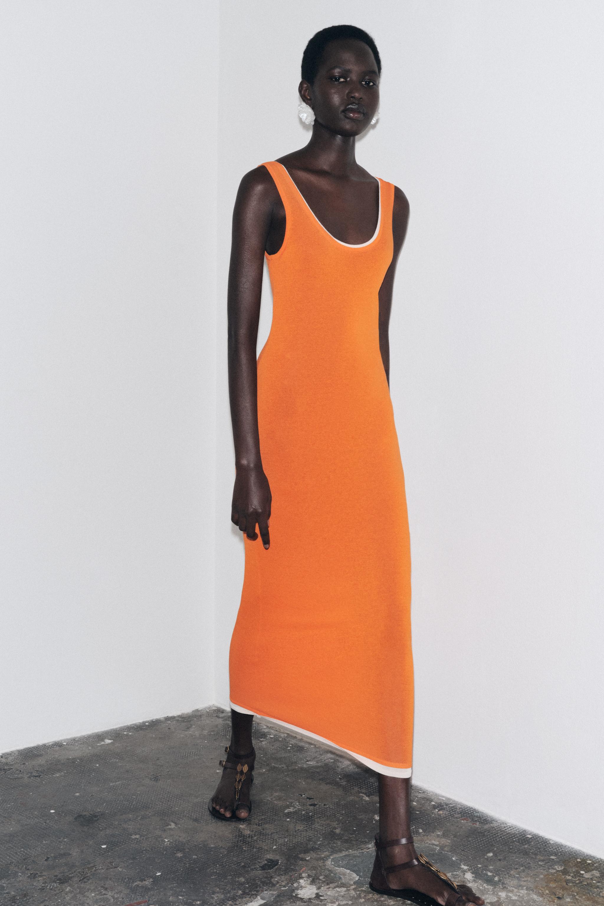 LONG KNIT DRESS WITH DOUBLE LAYER TRIM