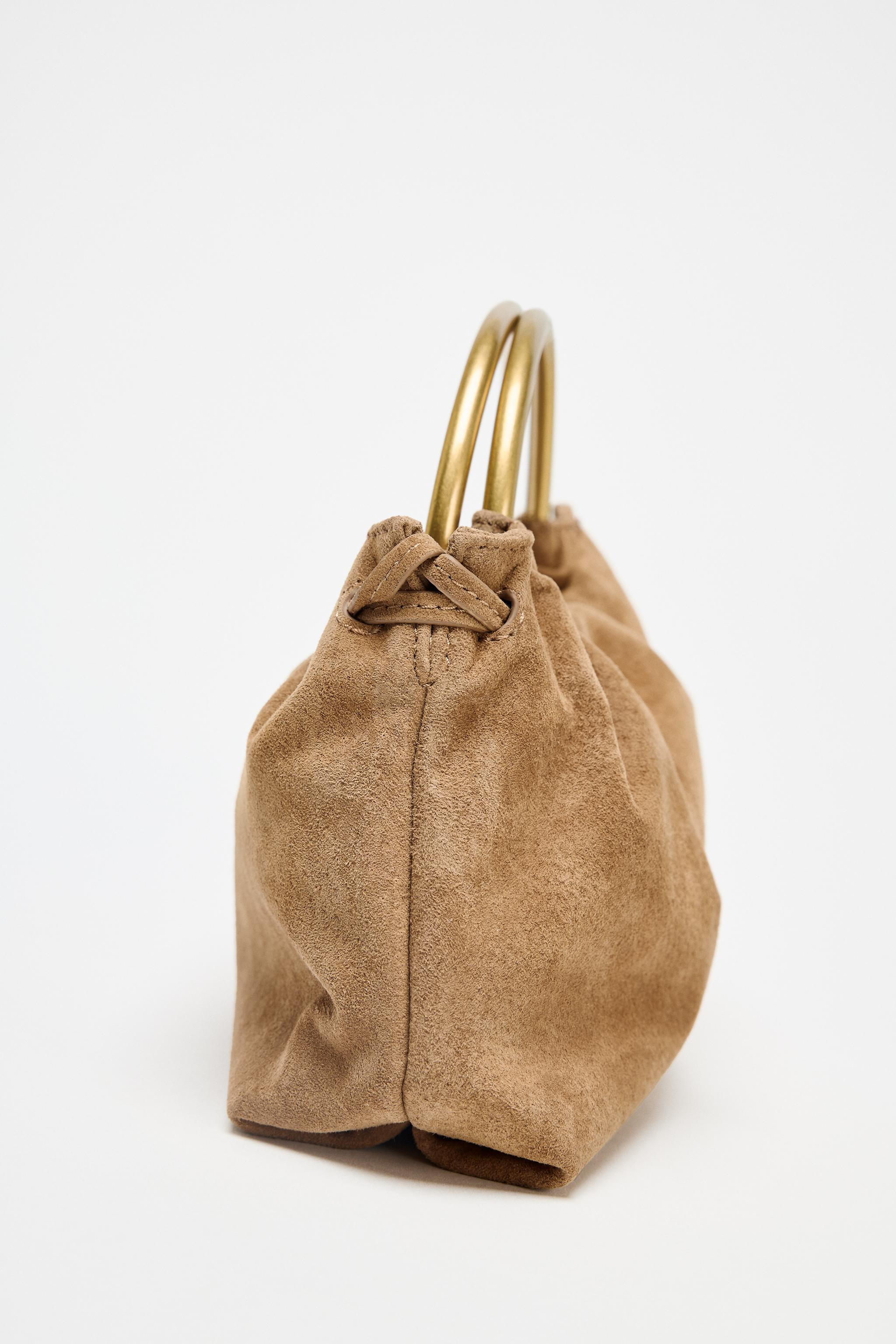 SPLIT LEATHER MINI BOWLING BAG WITH METAL HANDLE