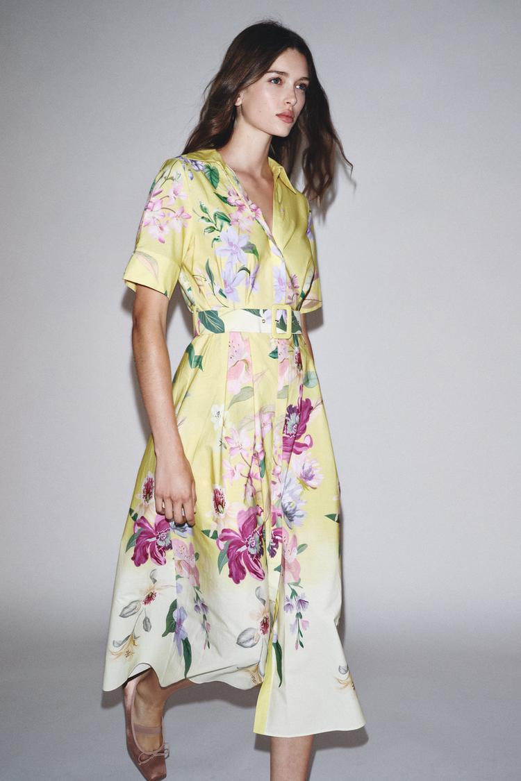 BELTED FLORAL PRINT MIDI DRESS
