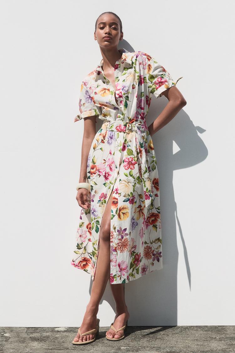 PRINTED POPLIN MIDI DRESS