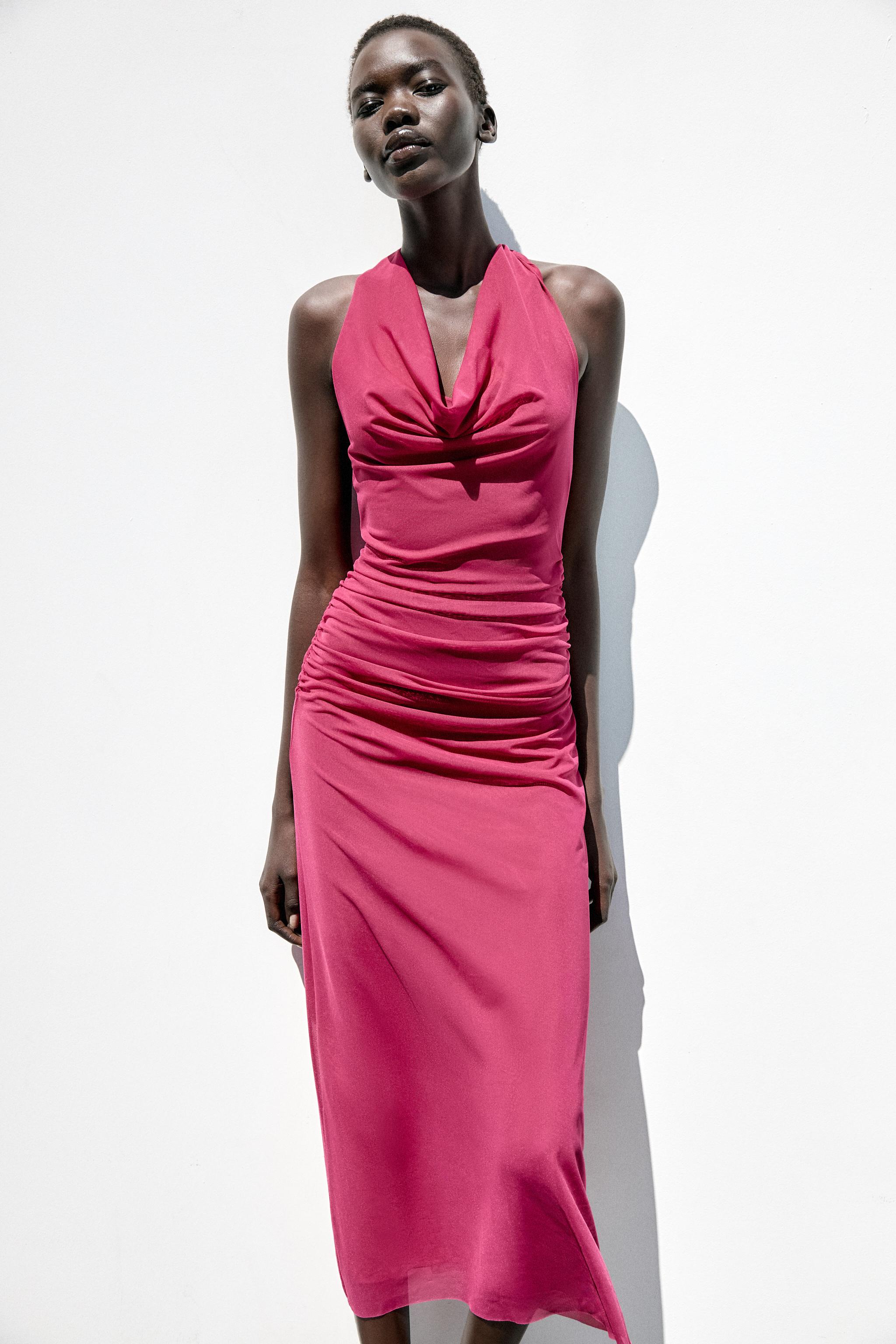 DRAPED HALTER TULLE DRESS