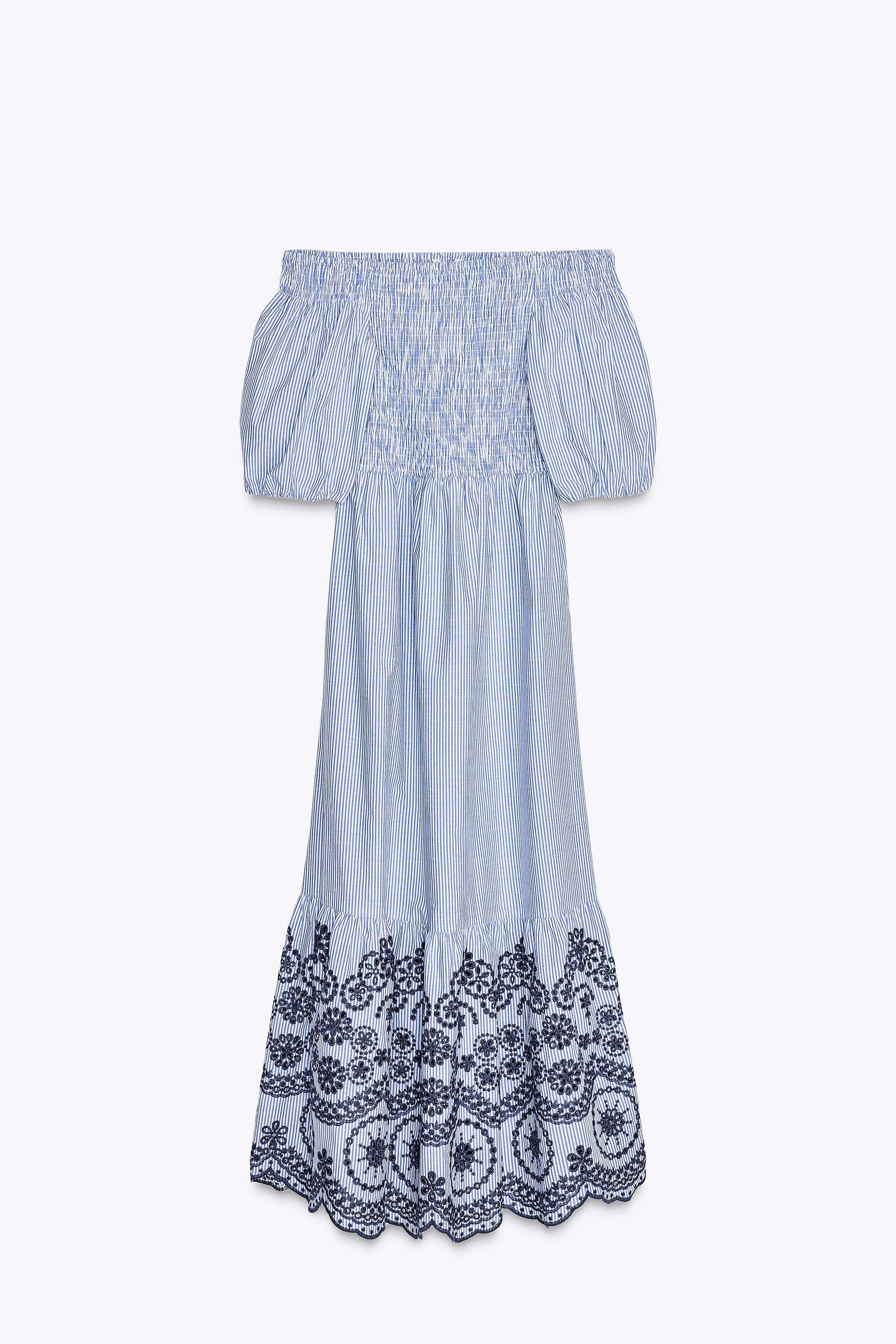 STRIPED EMBROIDERED MIDI DRESS