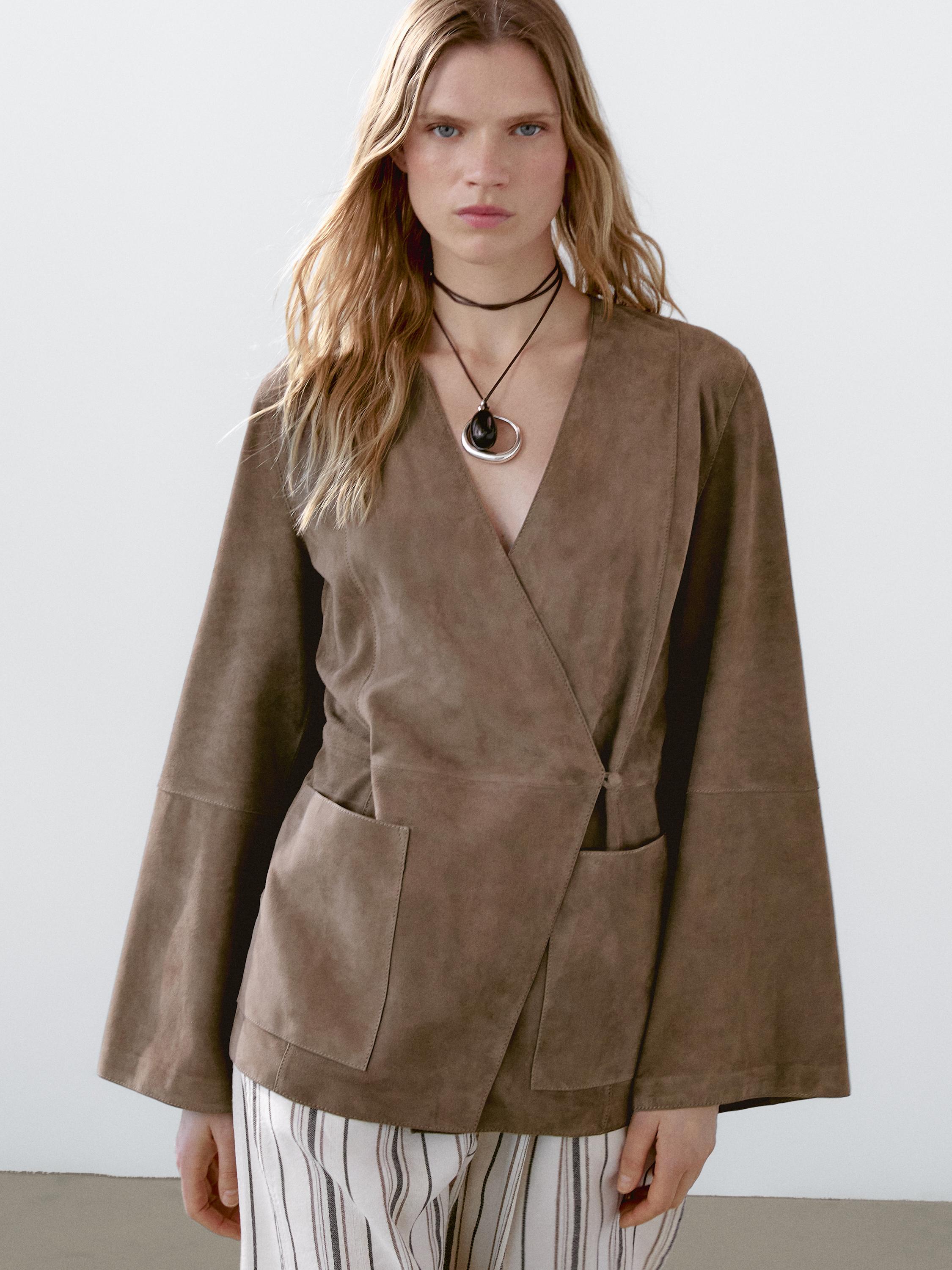 Crossover suede leather kimono