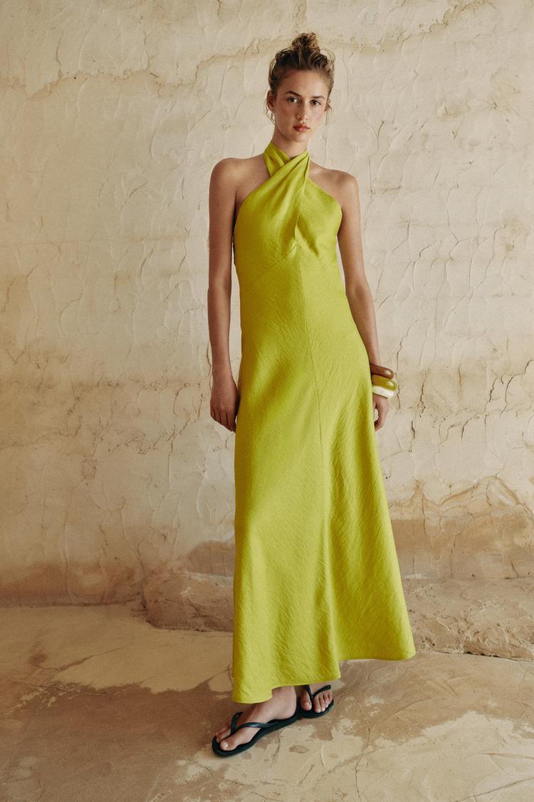 LINEN WRAP HALTER MIDI DRESS - Zara product image