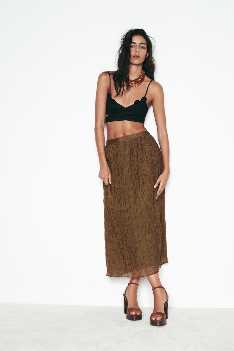 CREASED-EFFECT MIDI SKIRT