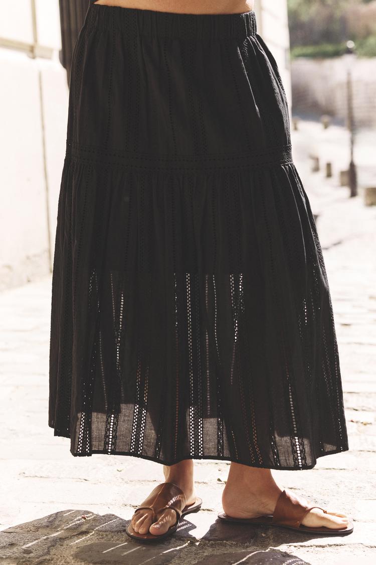 EMBROIDERED EYELET MIDI SKIRT