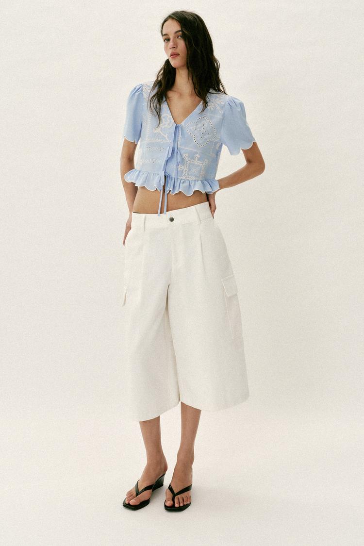 PERFORATED EMBROIDERED TIE BLOUSE - Zara product image