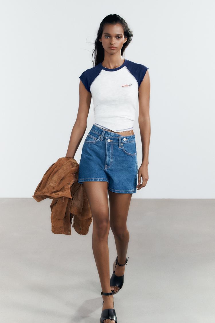 HIGH-RISE CROSS WAIST MOM FIT TRF DENIM SHORTS