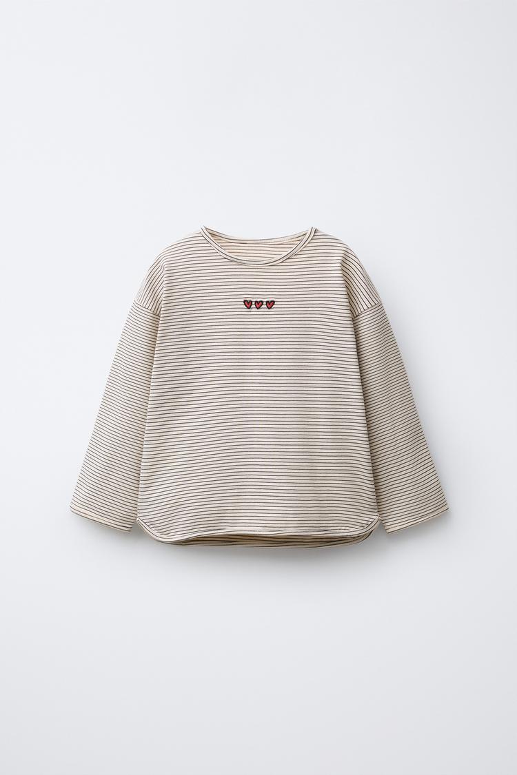 STRIPED T-SHIRT WITH EMBROIDERED HEARTS - Zara product image