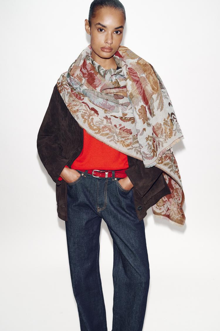 FLORAL PRINT JACQUARD WOOL BLEND SCARF - Zara product image