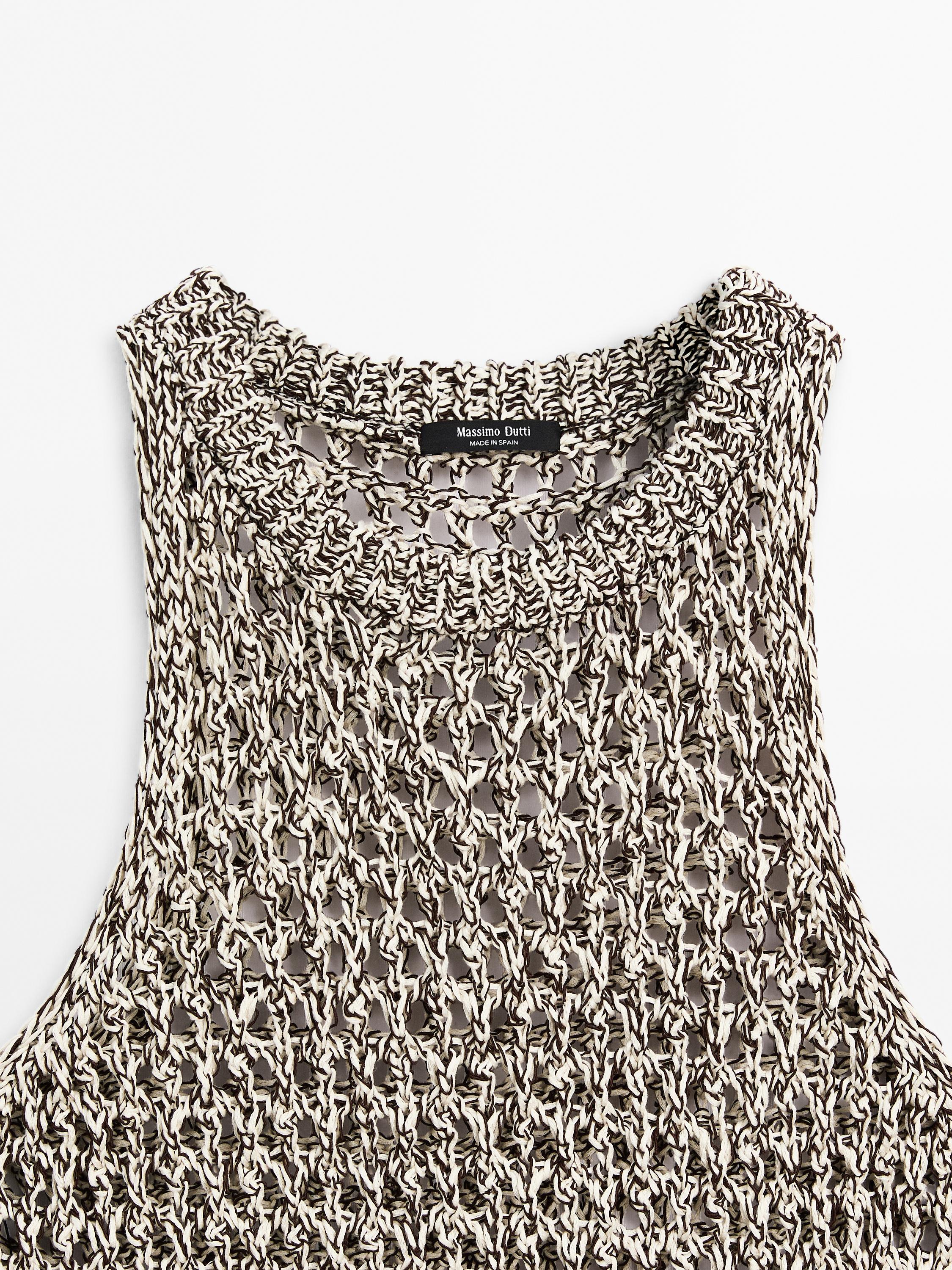Openwork cotton blend halter top