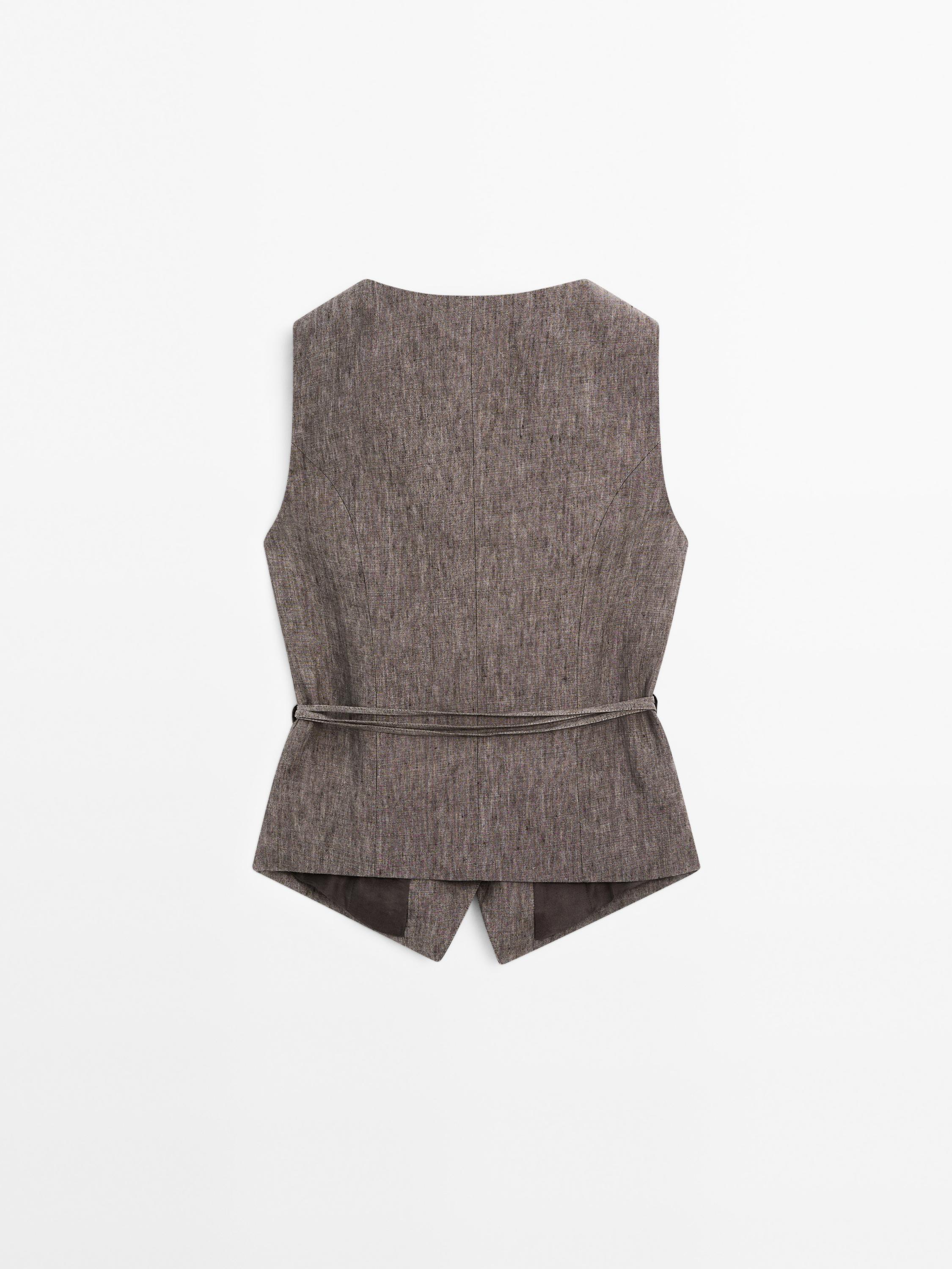 Veste sans manches chinée avec nœud en lin